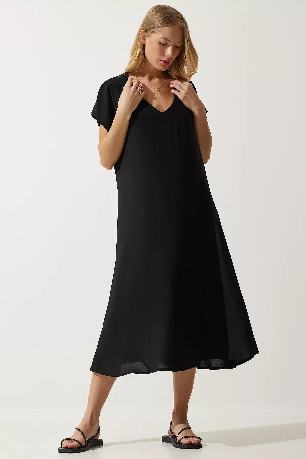 Black Plain Shift Midi Dress, BLACK, large image number 2