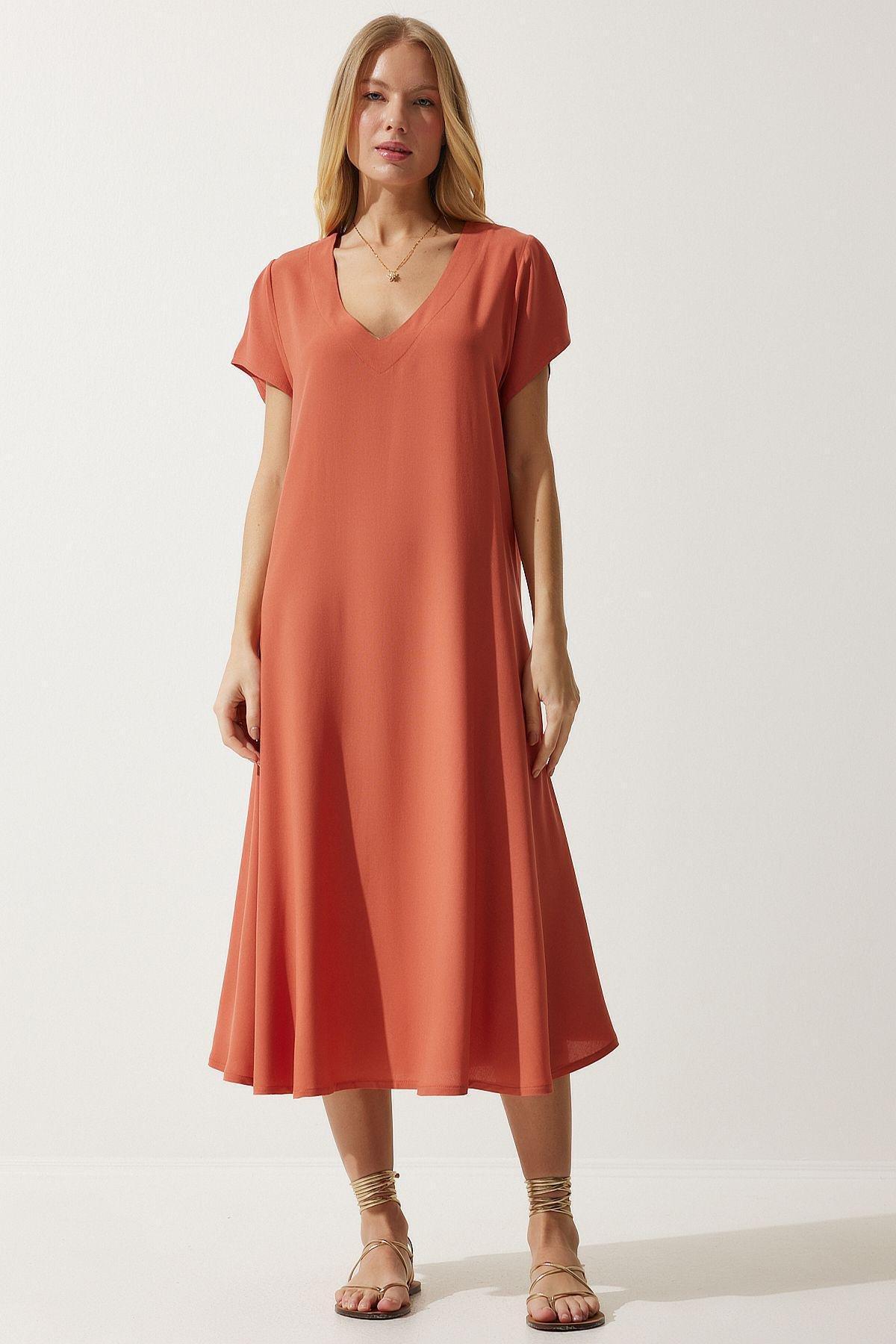 Orange Plain A-Line Midi Dress, , large image number 0