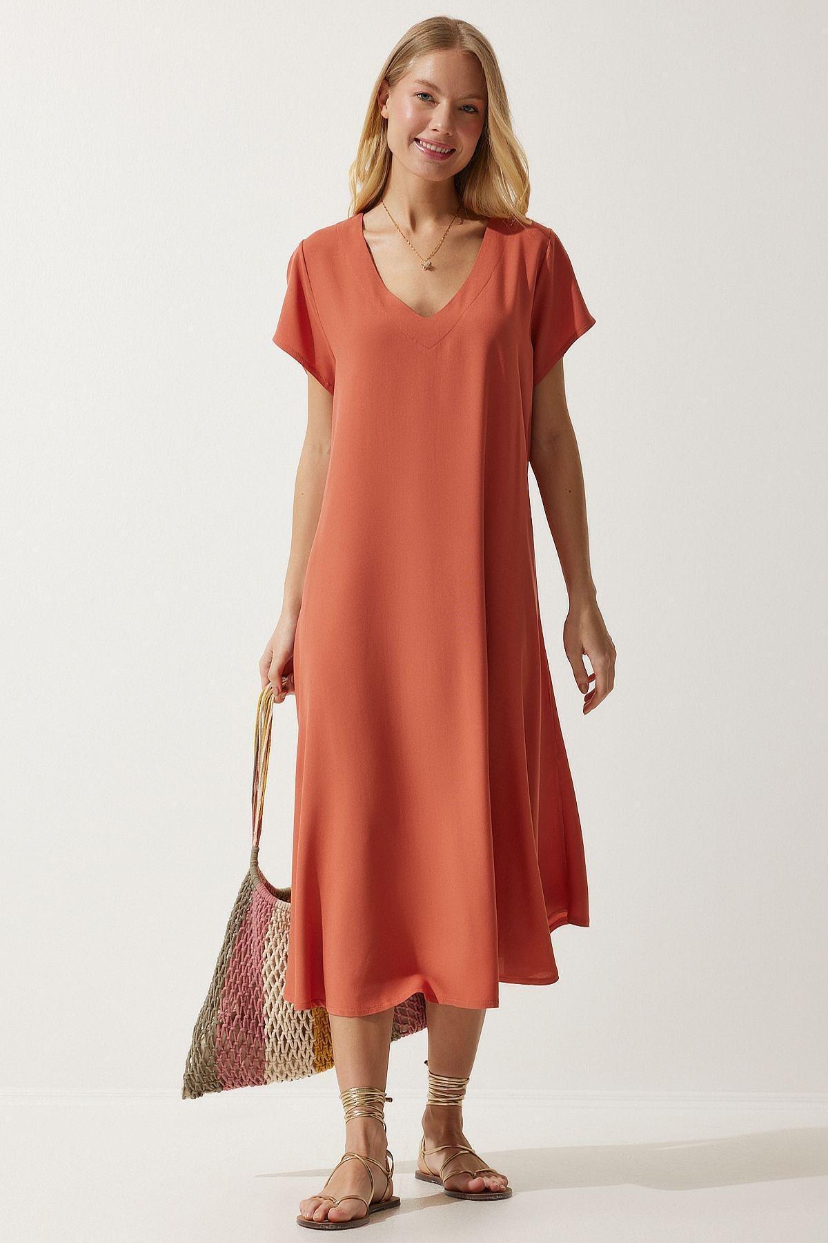 Orange Plain A-Line Midi Dress, , large image number 5