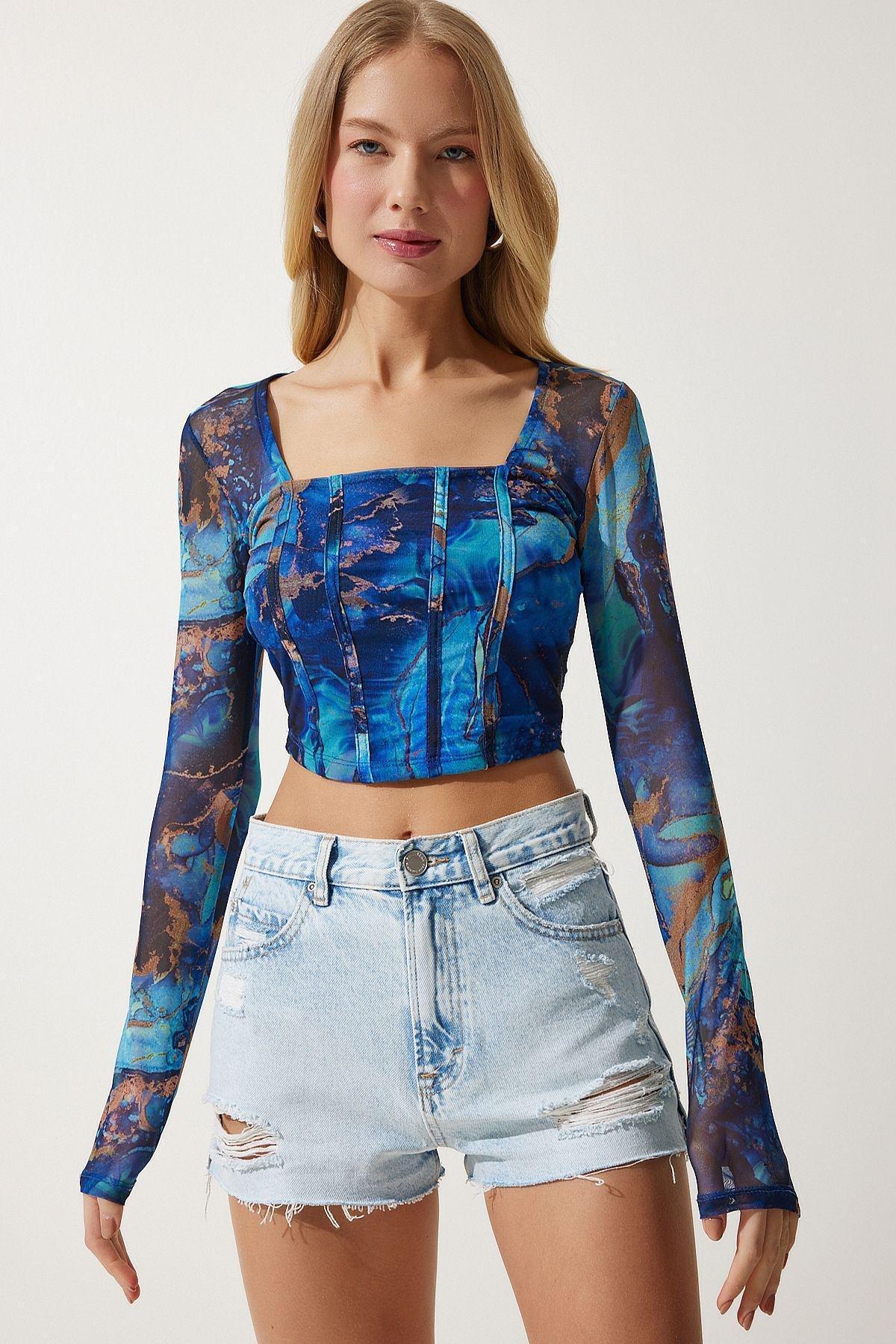 Blue Patterned Crop Chiffon Blouse, C101_5645, large image number 1