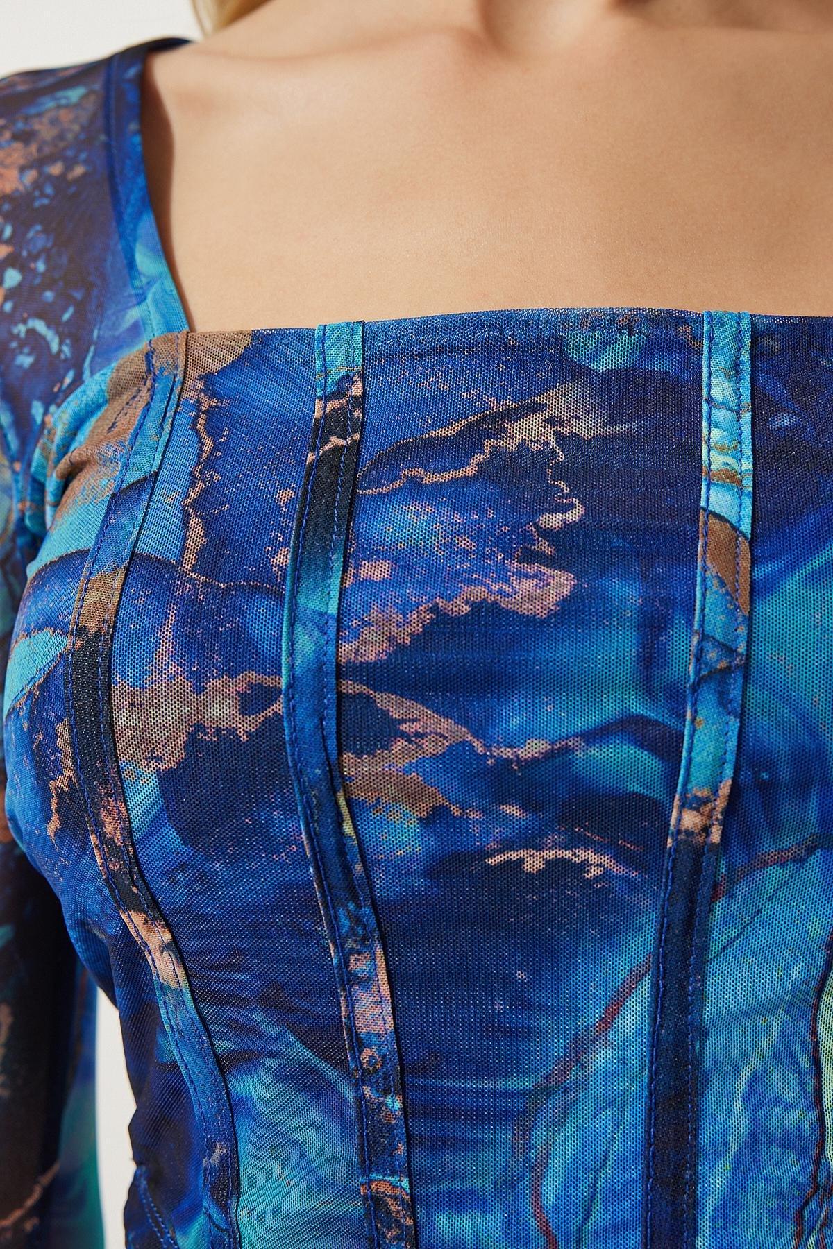 Blue Patterned Crop Chiffon Blouse, C101_5645, large image number 4