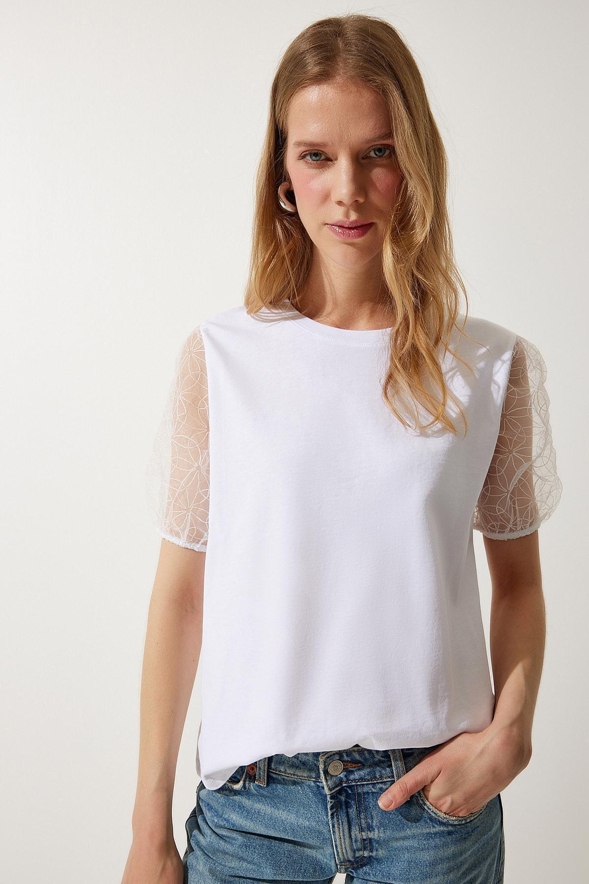 White Tulle Detailed Knitted T-Shirt, , medium