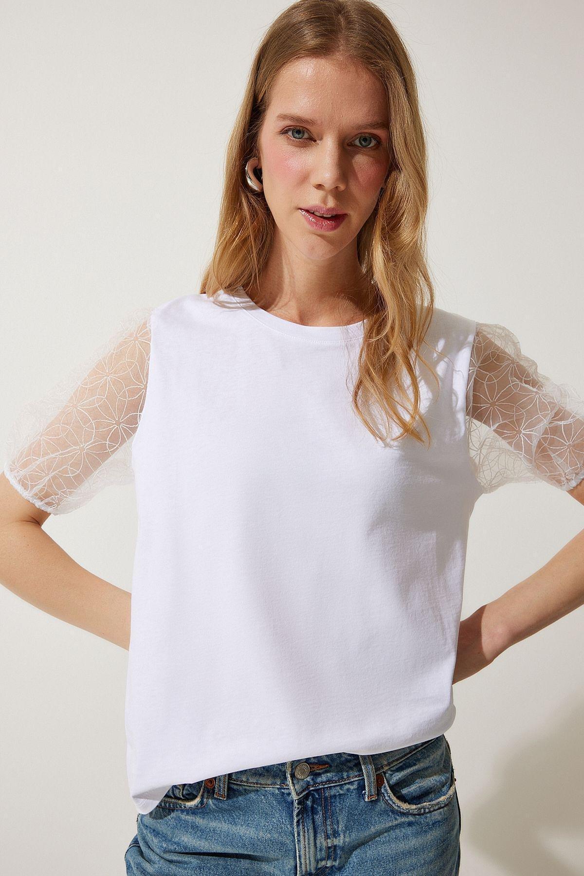 White Tulle Detailed Knitted T-Shirt, , large image number 1