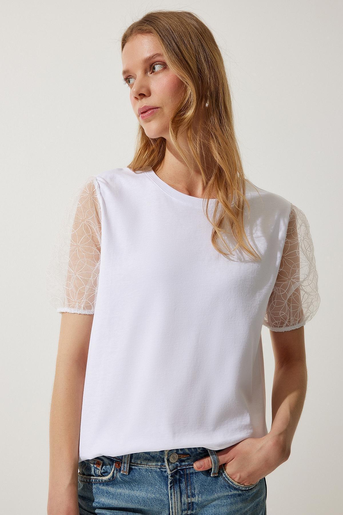 White Tulle Detailed Knitted T-Shirt, C101_5696, medium