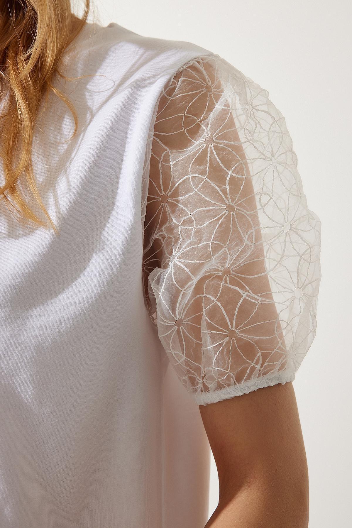 White Tulle Detailed Knitted T-Shirt, C101_5696, large image number 4