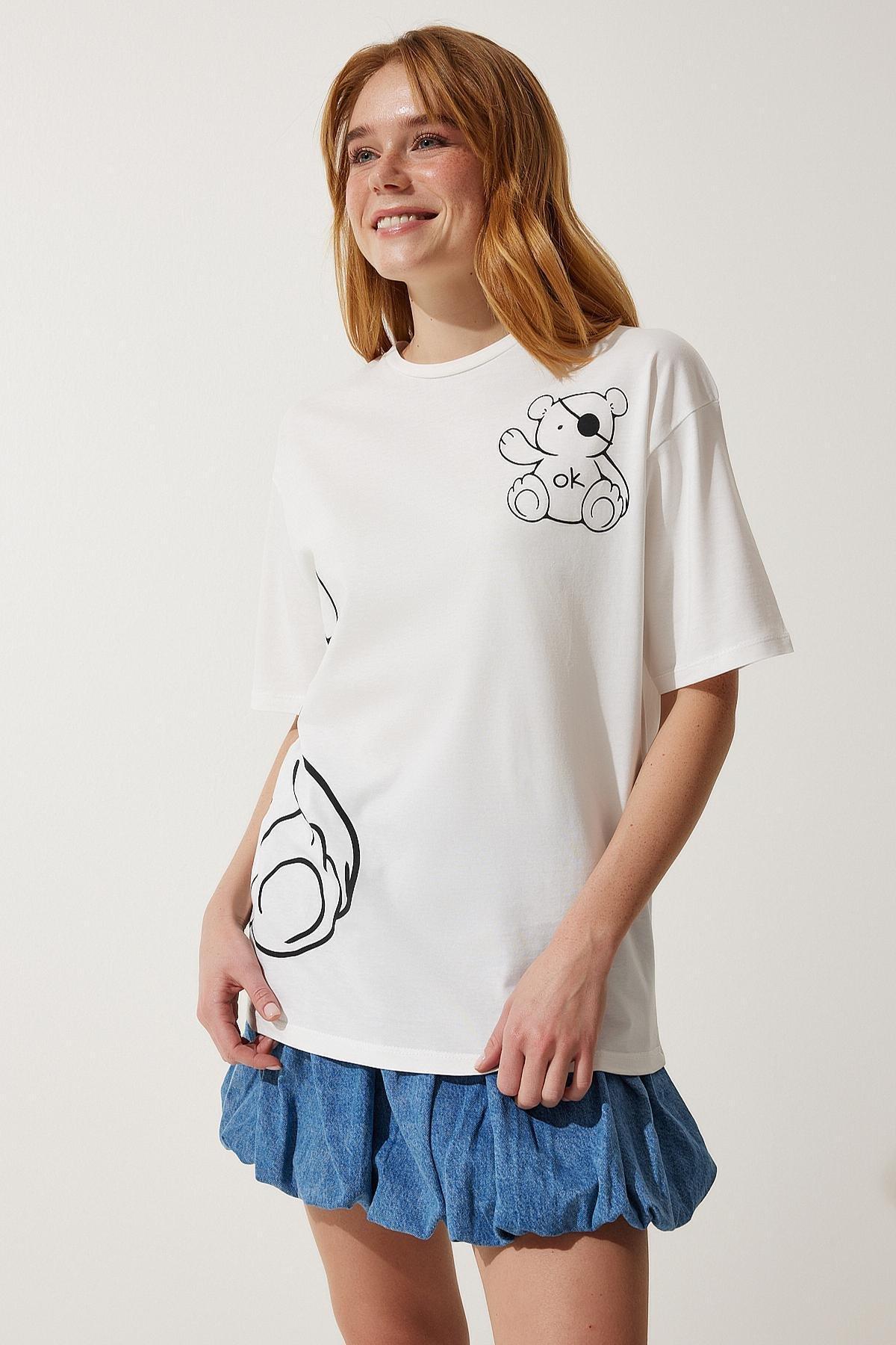 White Printed Oversize Knitted T-Shirt, , medium