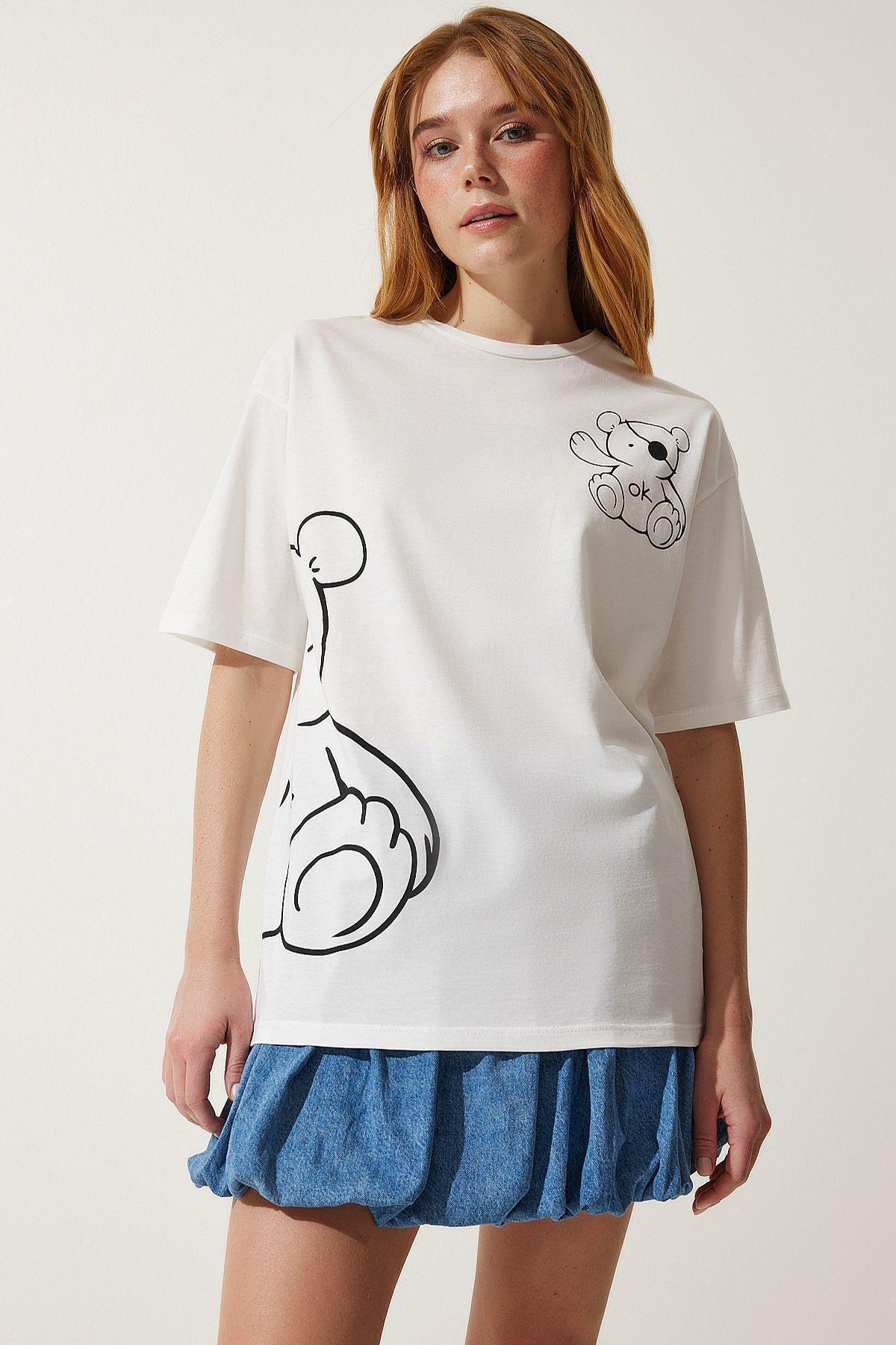 White Printed Oversize Knitted T-Shirt, , large image number 1