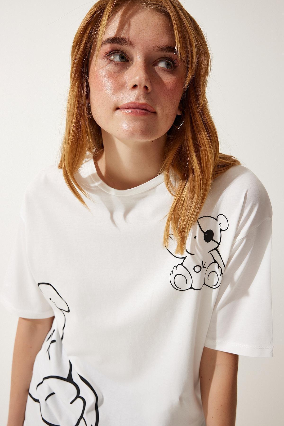 White Printed Oversize Knitted T-Shirt, , large image number 3