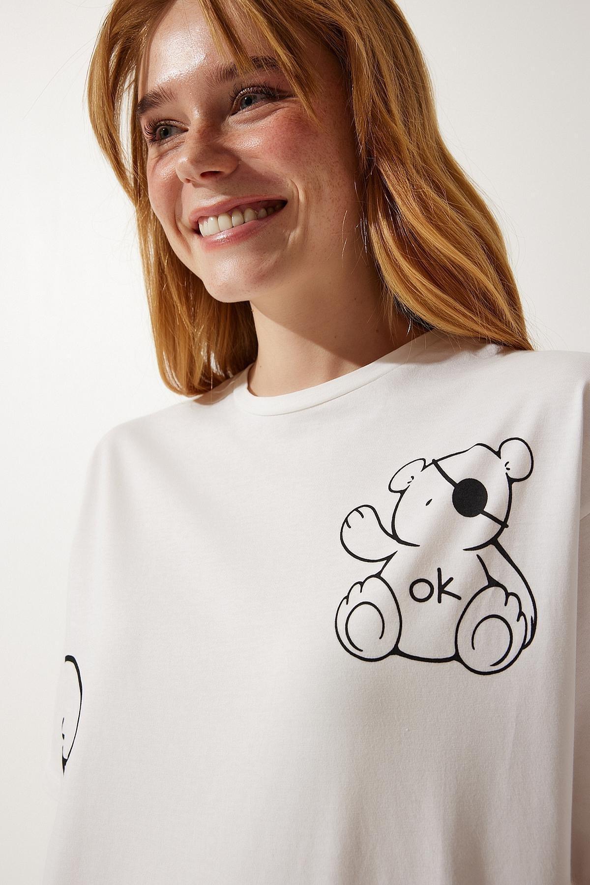 White Printed Oversize Knitted T-Shirt, , large image number 4