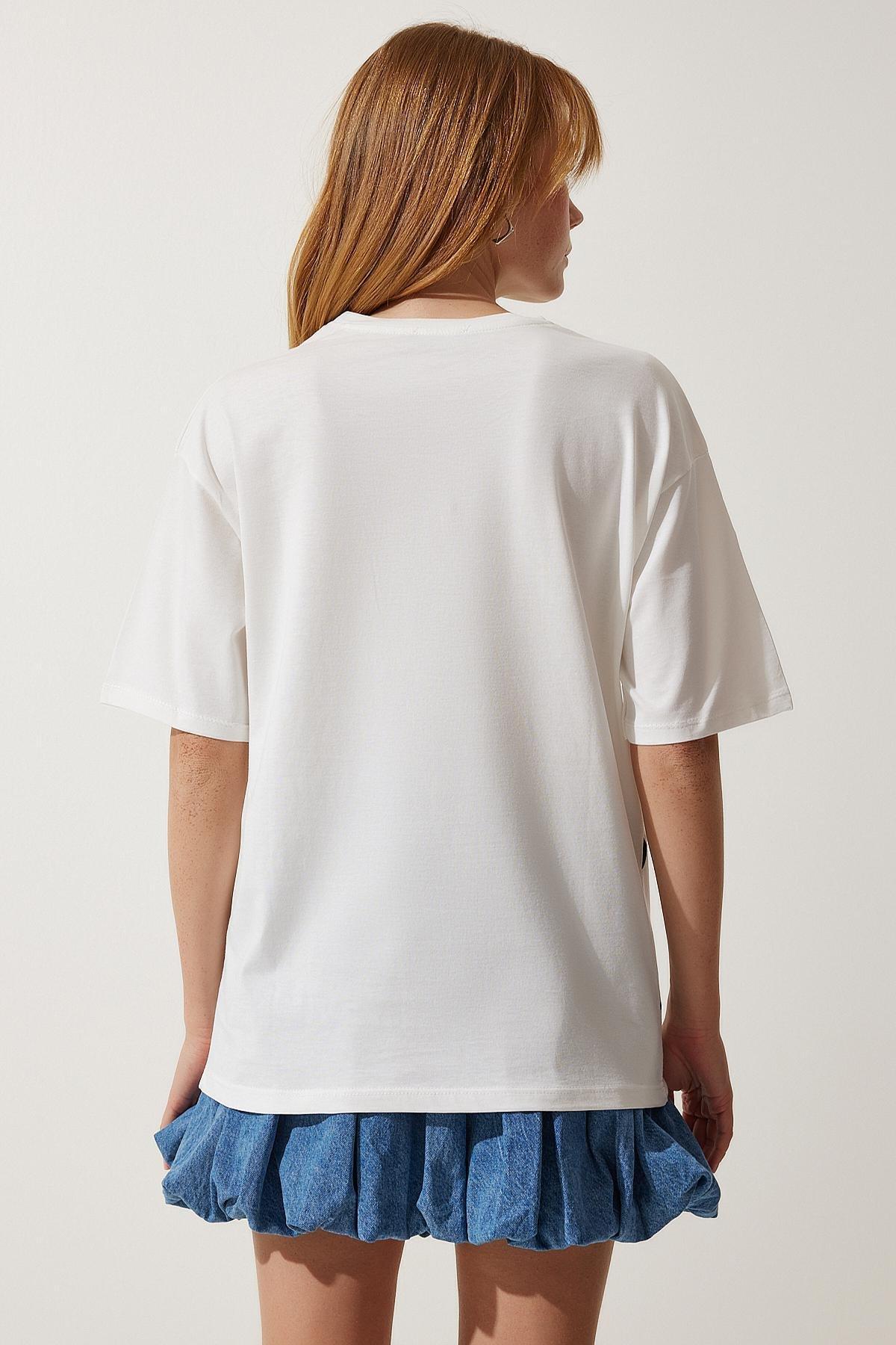 White Printed Oversize Knitted T-Shirt, , large image number 5