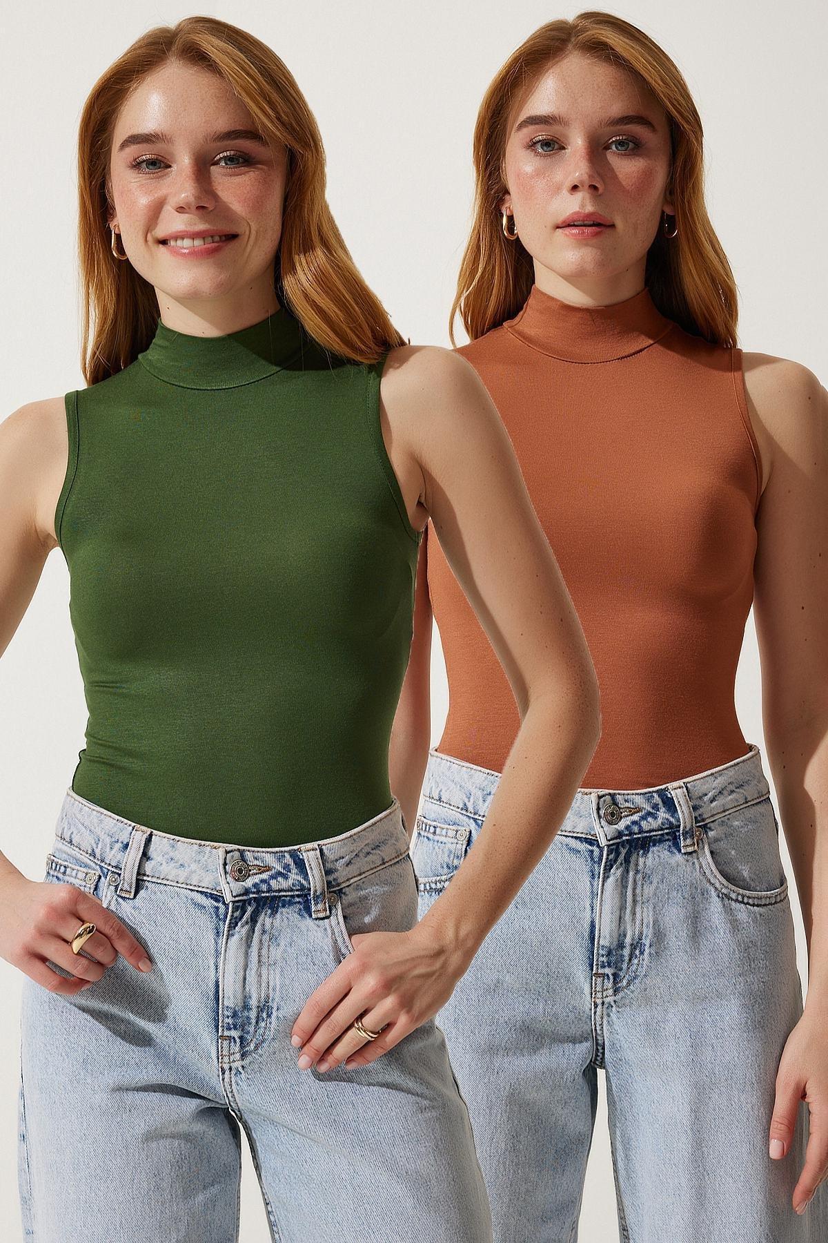 Womens Dark Green Camel High Neck Sleeveless RX00051, single, , large image number 0