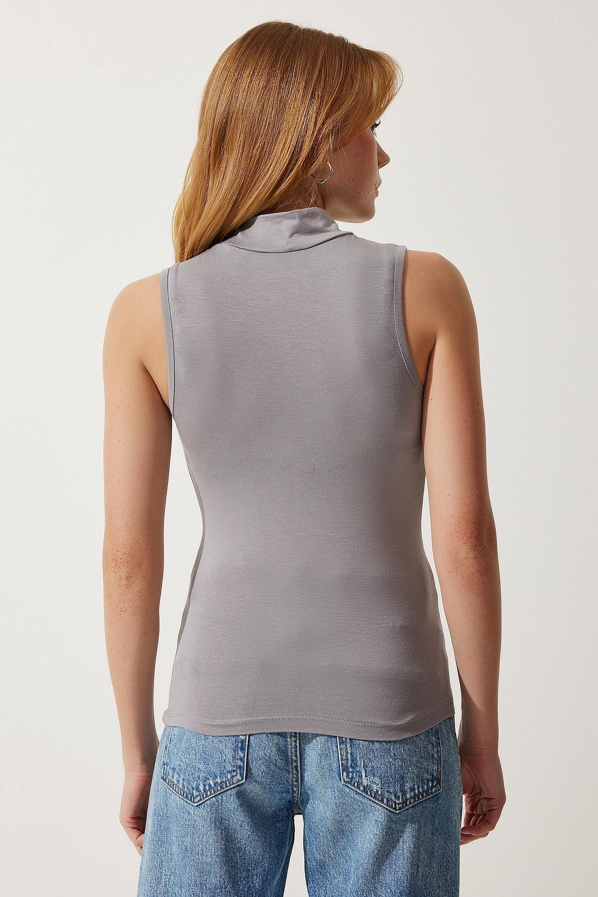 Black Grey Stand Collar Sleeveless, Black Gray, large image number 5