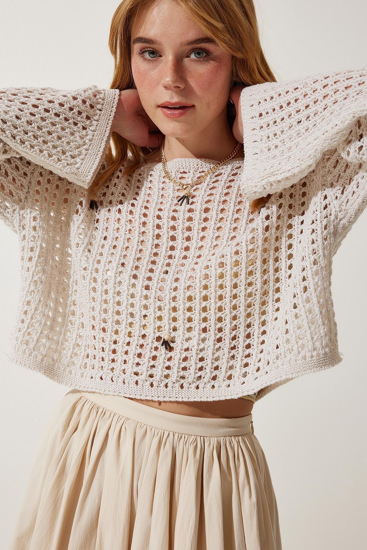 Cream Beaded Openwork Crop Knitted Sweater, Cream, large image number 0