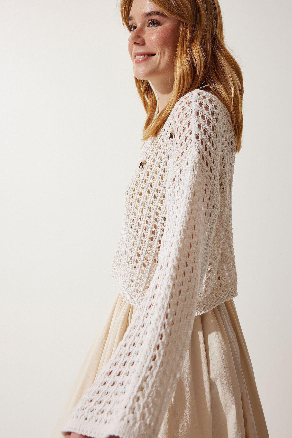 Cream Beaded Openwork Crop Knitted Sweater, Cream, large image number 1