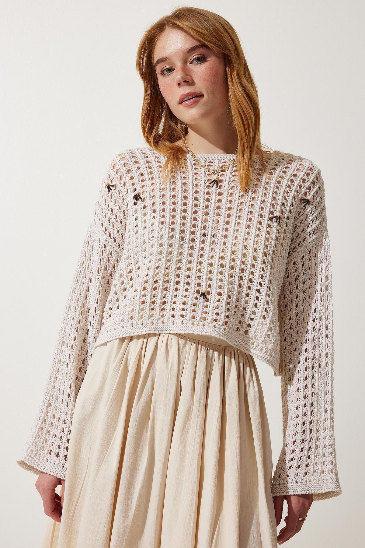 Cream Beaded Openwork Crop Knitted Sweater, Cream, large image number 2