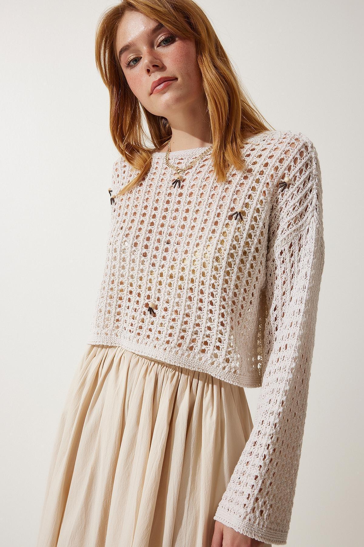 Cream Beaded Openwork Crop Knitted Sweater, Cream, large image number 3