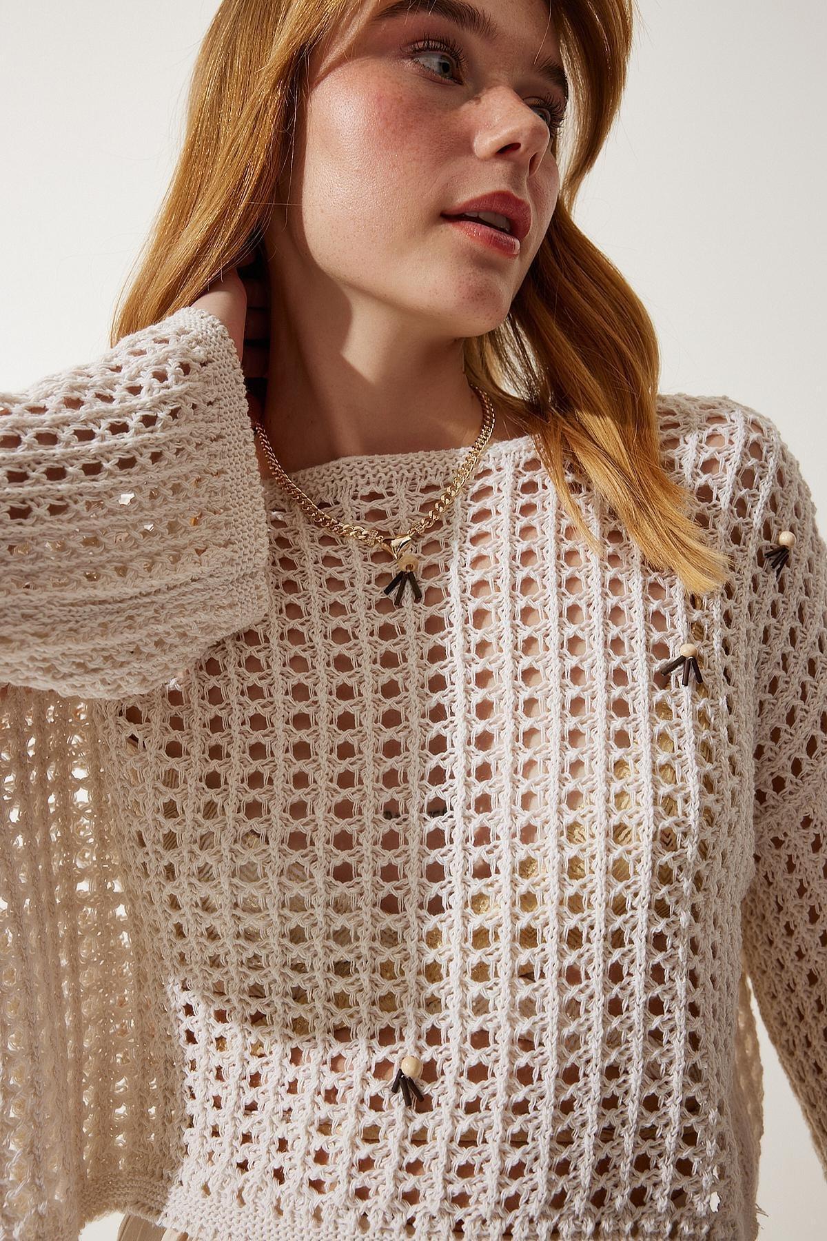 Cream Beaded Openwork Crop Knitted Sweater, Cream, large image number 4