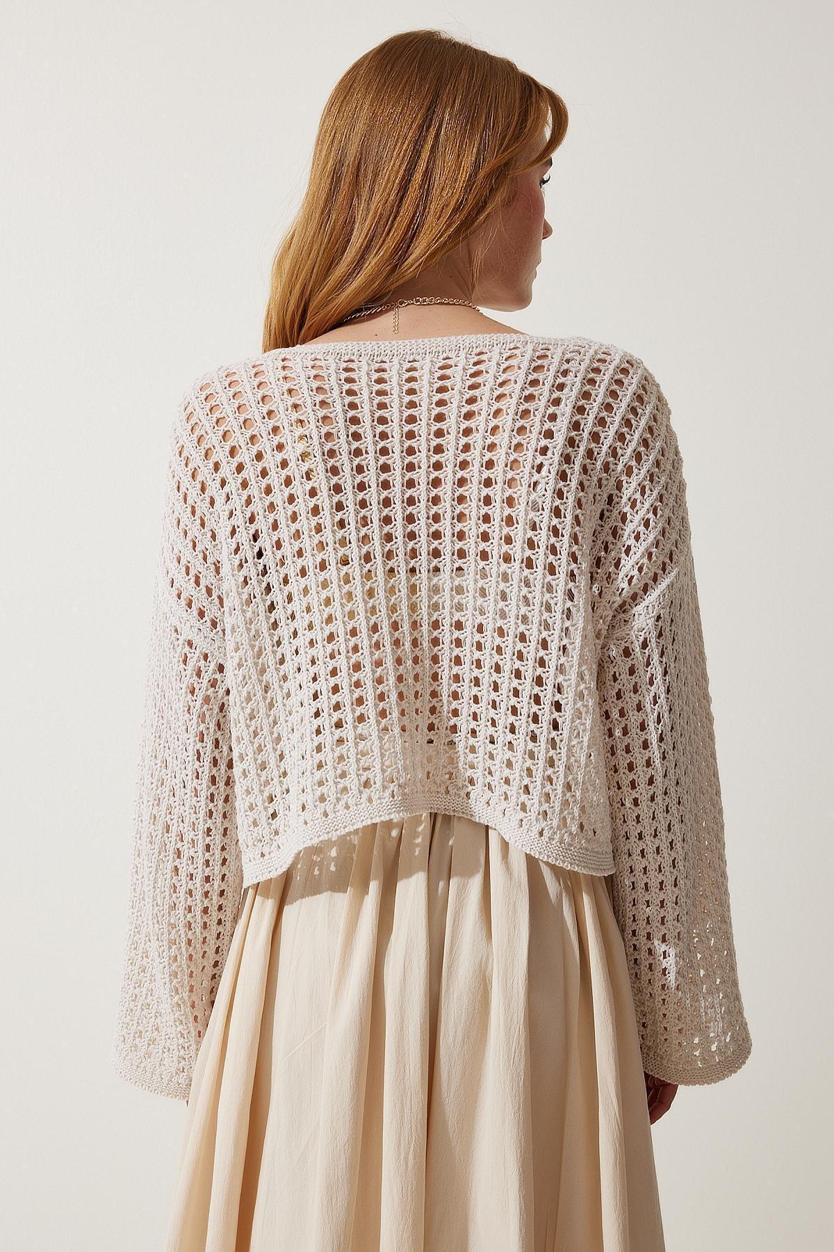 Cream Beaded Openwork Crop Knitted Sweater, Cream, large image number 5