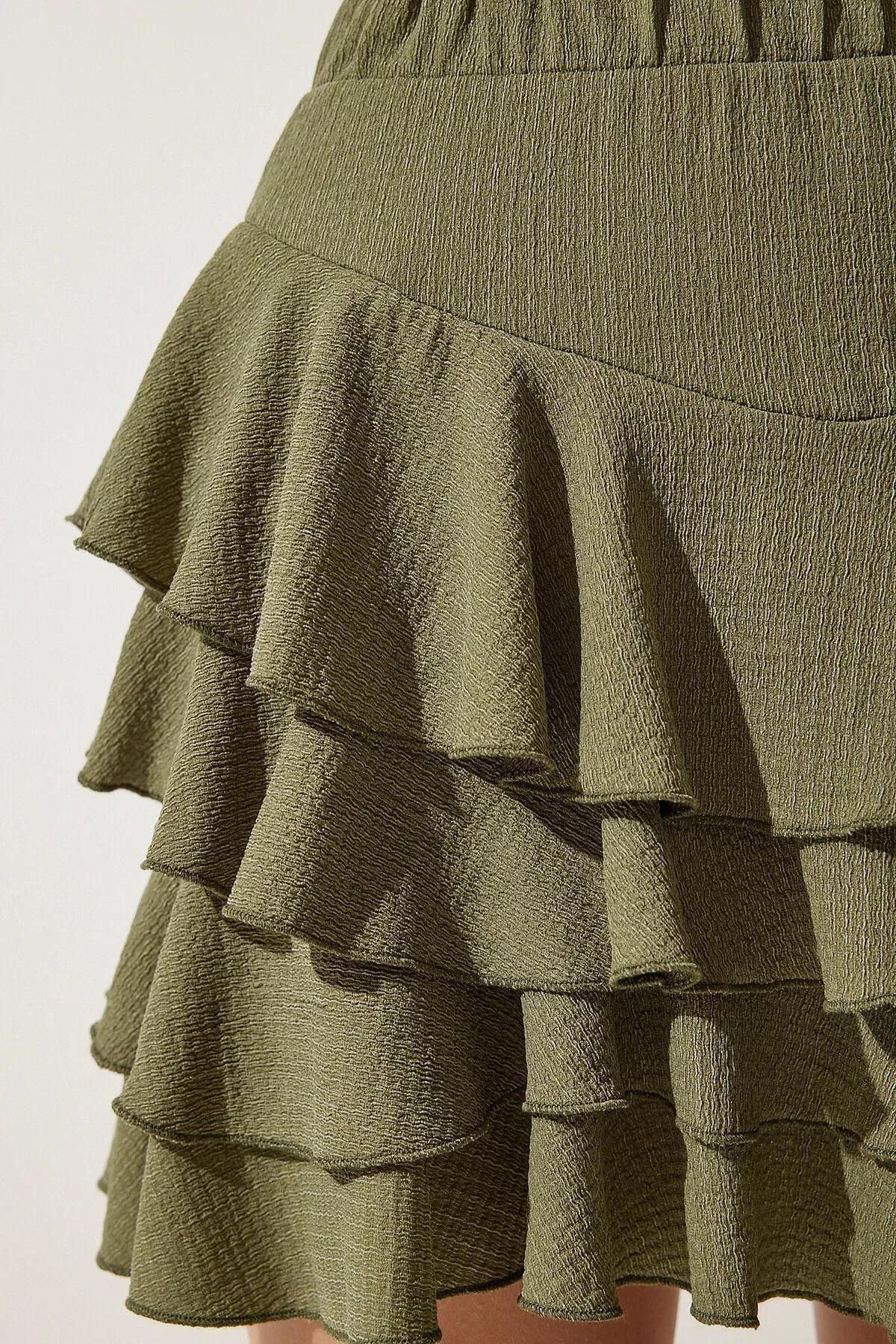 Green Flounce Mini Skirt, Khaki, large image number 6