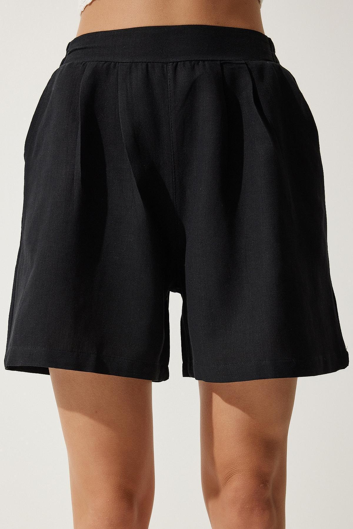 Black Pocket Linen Shorts, C101_5720, large image number 3