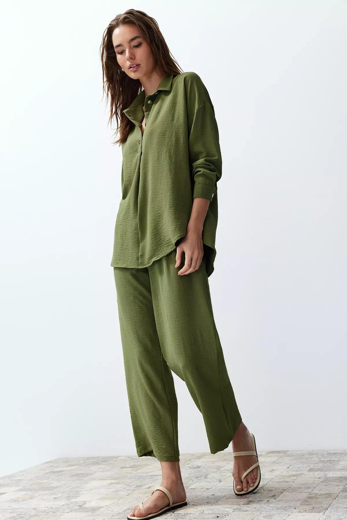 Green Buttoned Woven Co-Ord Set, Khaki, large image number 0