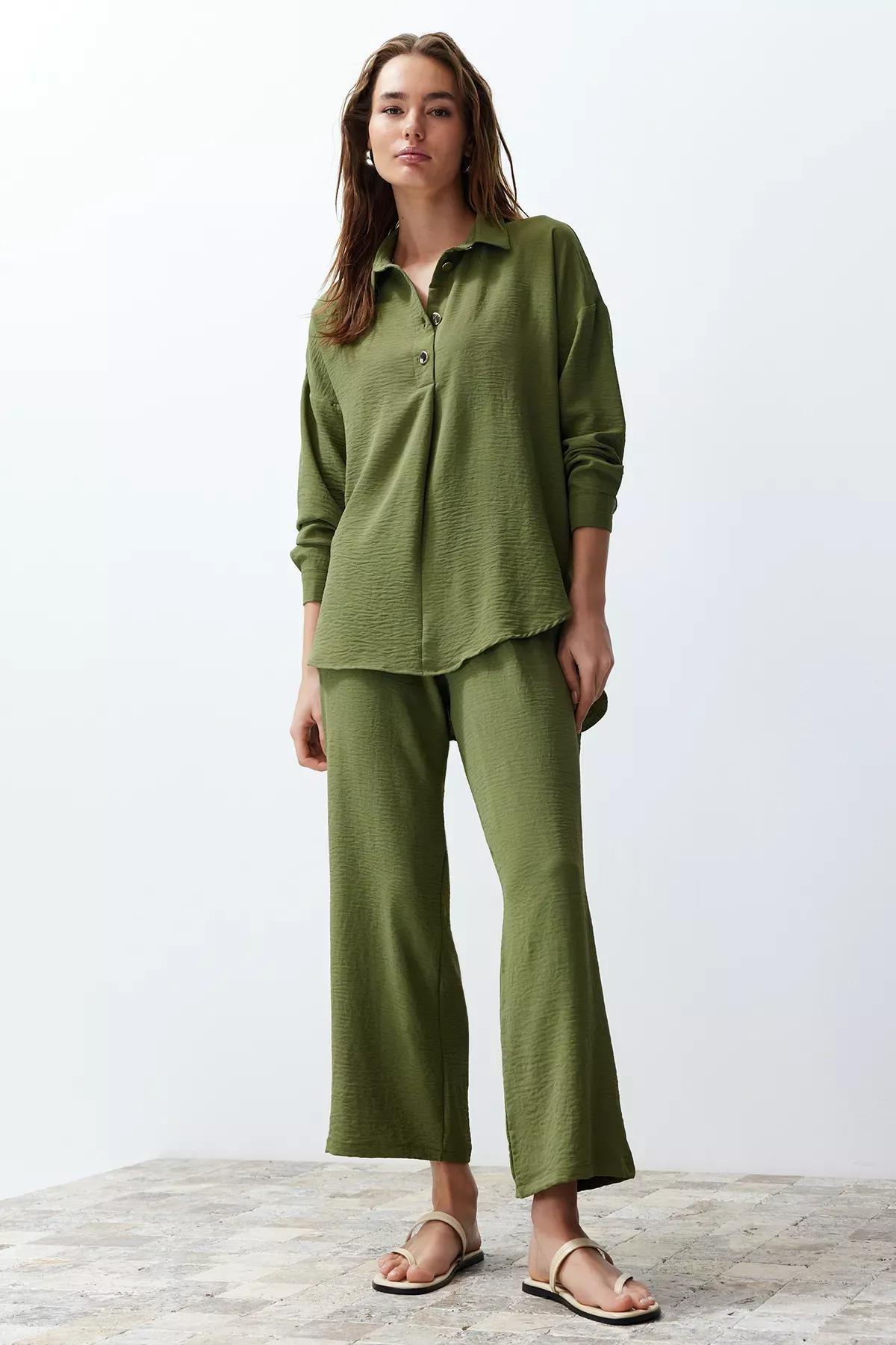 Green Buttoned Woven Co-Ord Set, Khaki, large image number 1