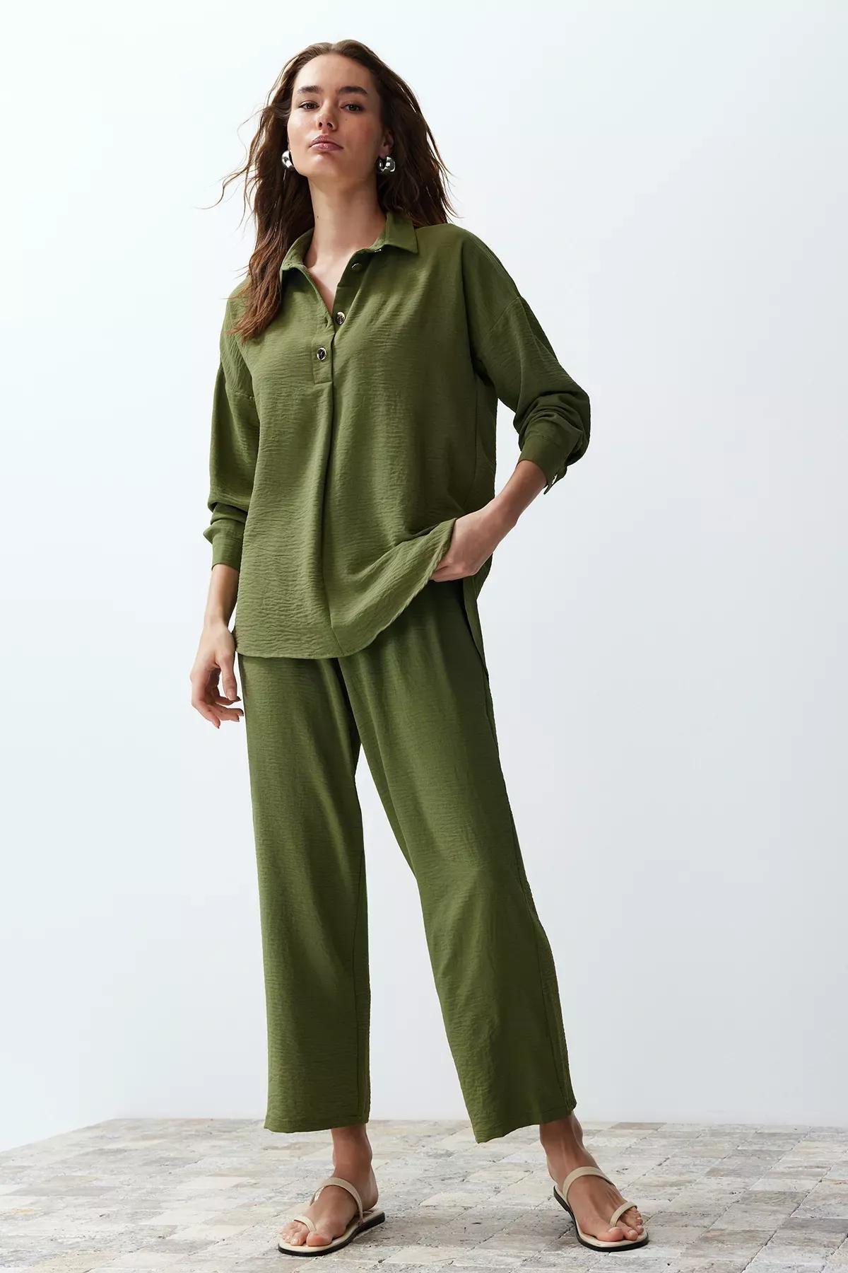 Green Buttoned Woven Co-Ord Set, Khaki, large image number 2