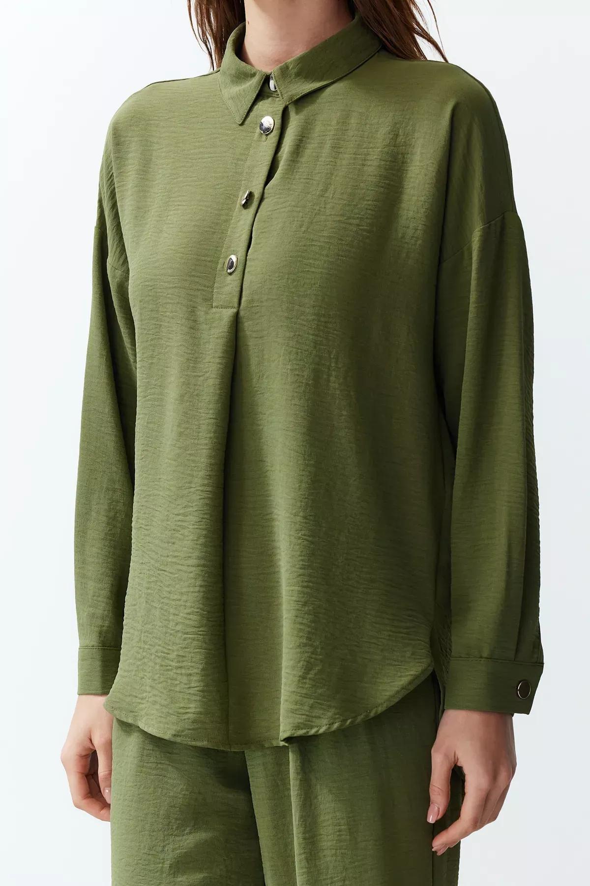 Green Buttoned Woven Co-Ord Set, Khaki, large image number 3