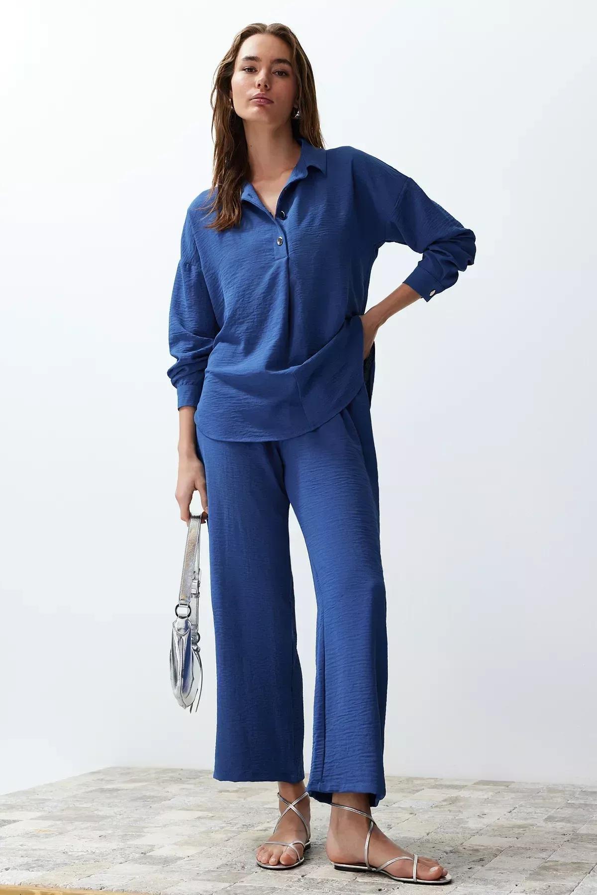 Blue buttoned blouse trouser set, C101_5645, large image number 0