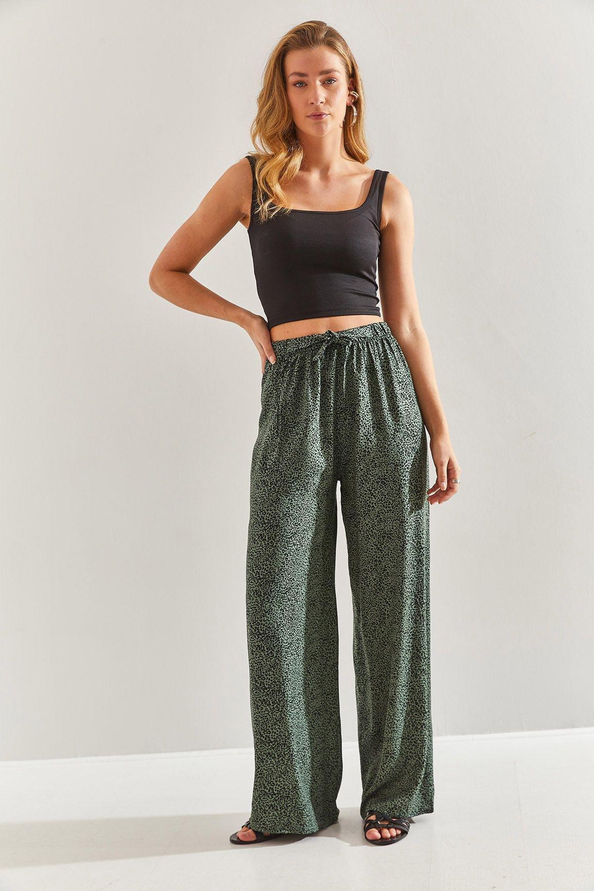 Green Elastic Waist Pattern Trousers, C101_5671, large image number 1