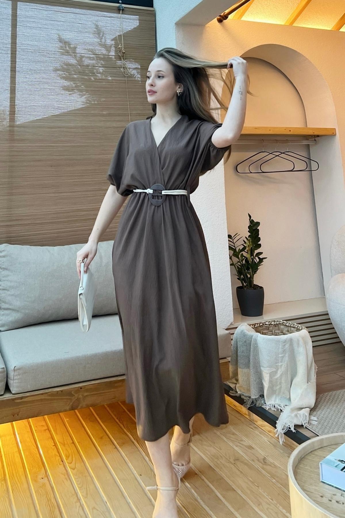 Brown Double-Breasted Belted Dress, , large image number 1