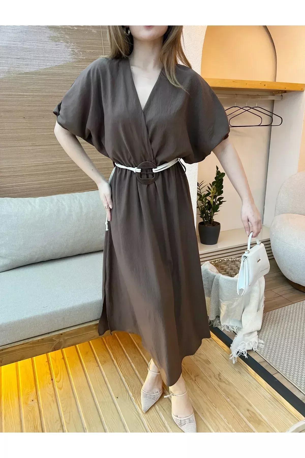 Brown Double-Breasted Belted Dress, , large image number 1