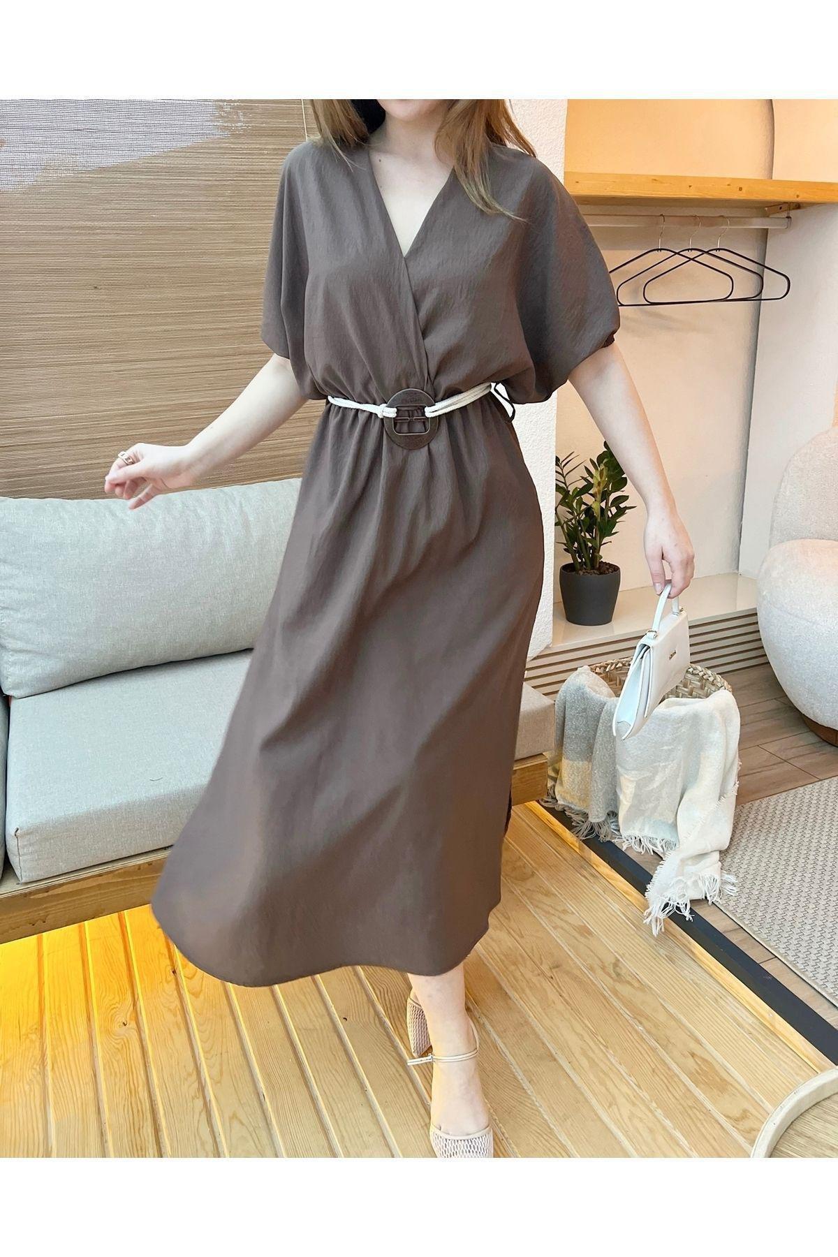Brown Double-Breasted Belted Dress, , large image number 2