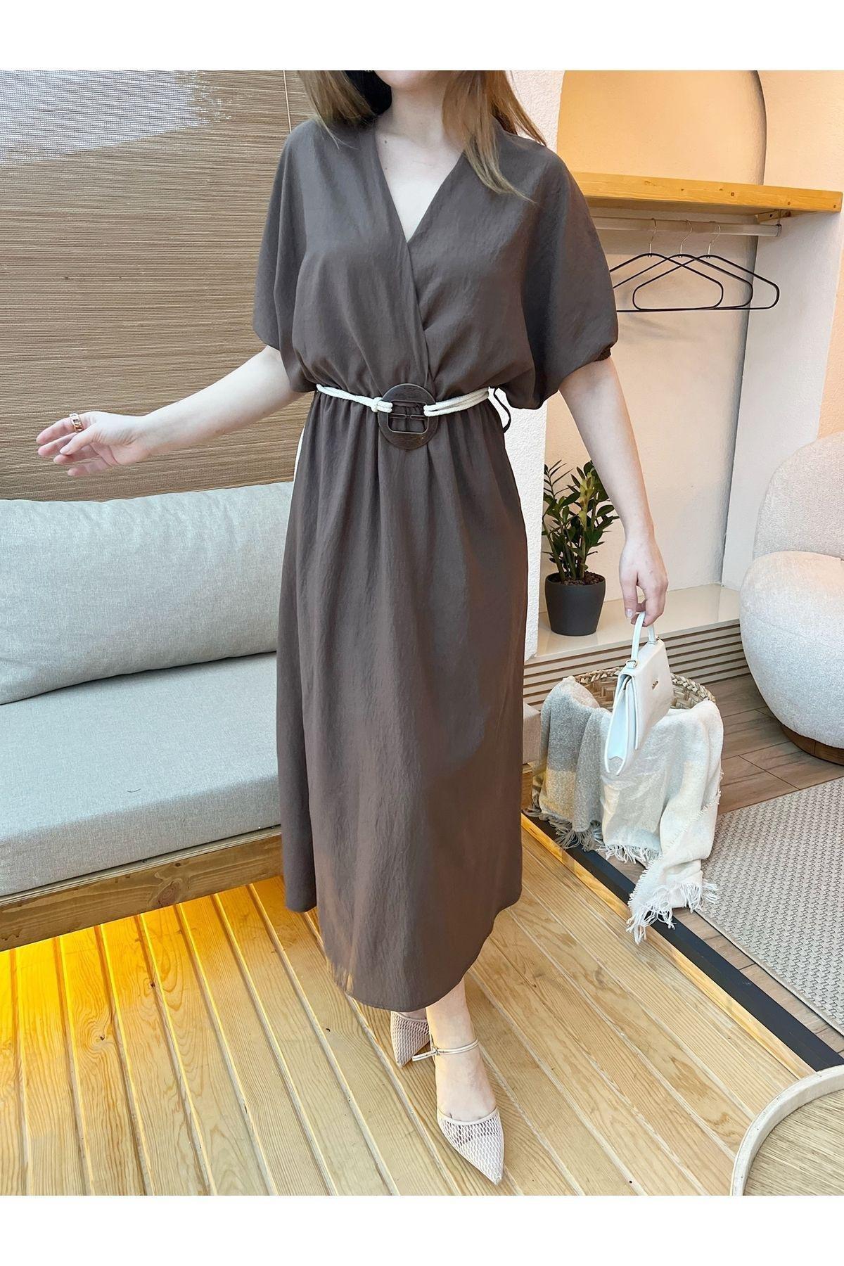 Brown Double-Breasted Belted Dress, , large image number 3