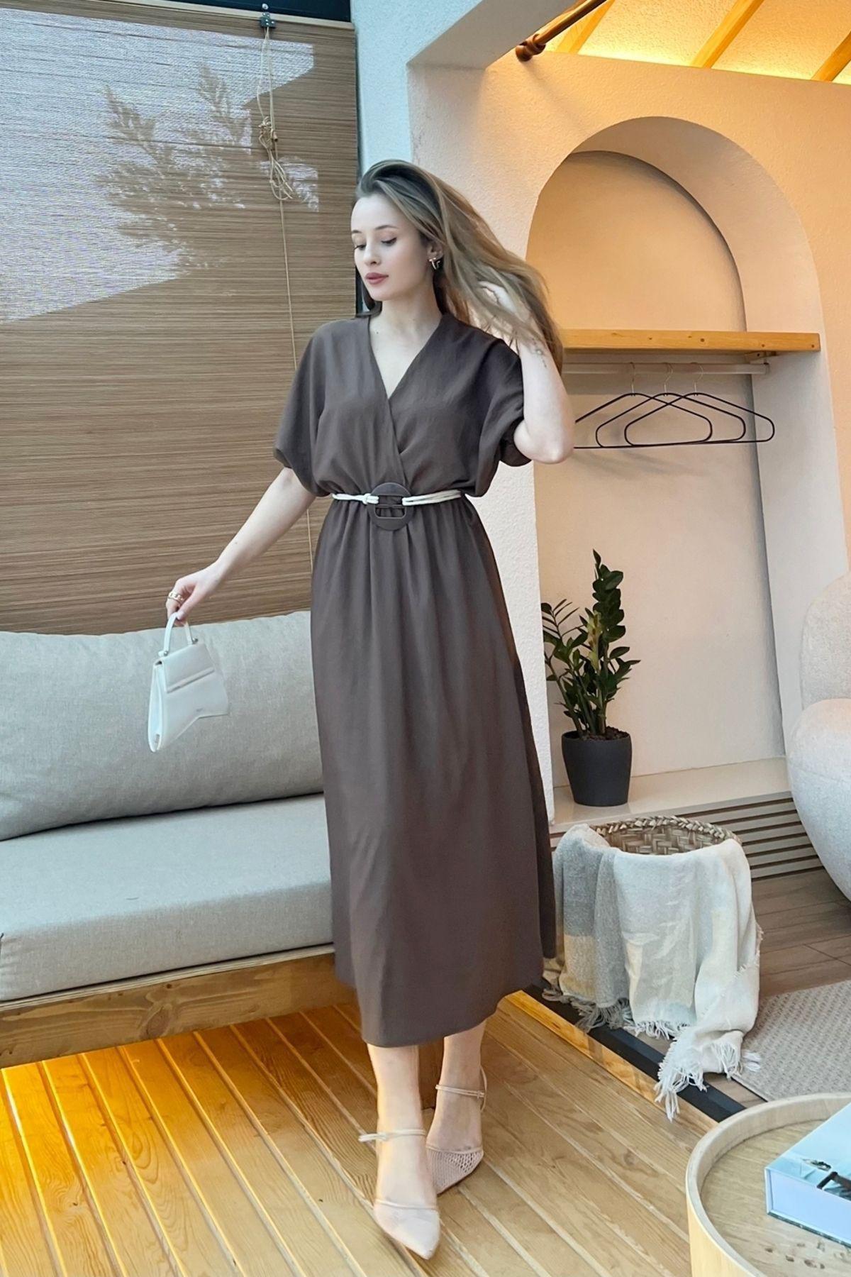 Brown Double-Breasted Belted Dress, , large image number 4