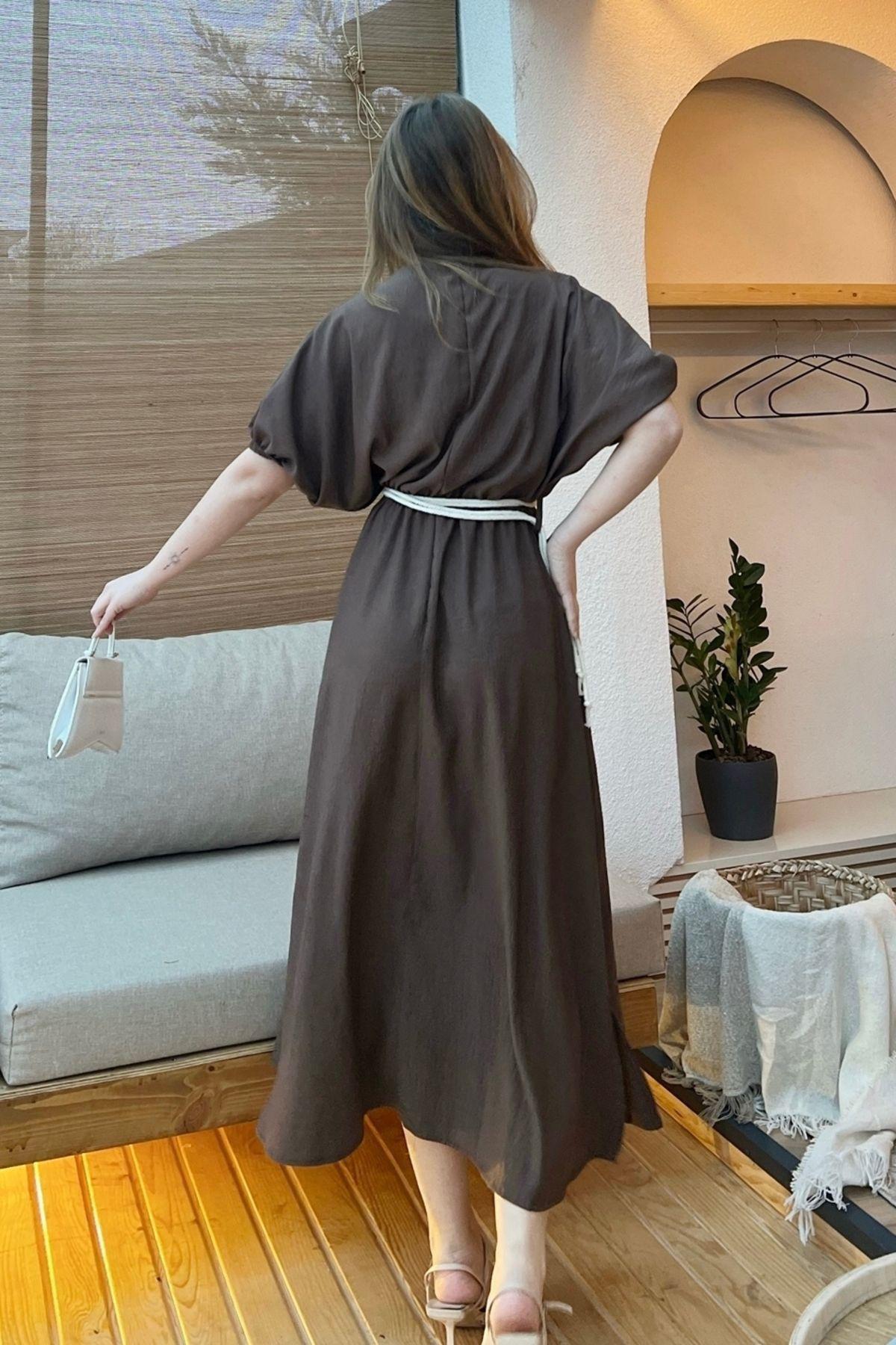 Brown Double-Breasted Belted Dress, , large image number 5