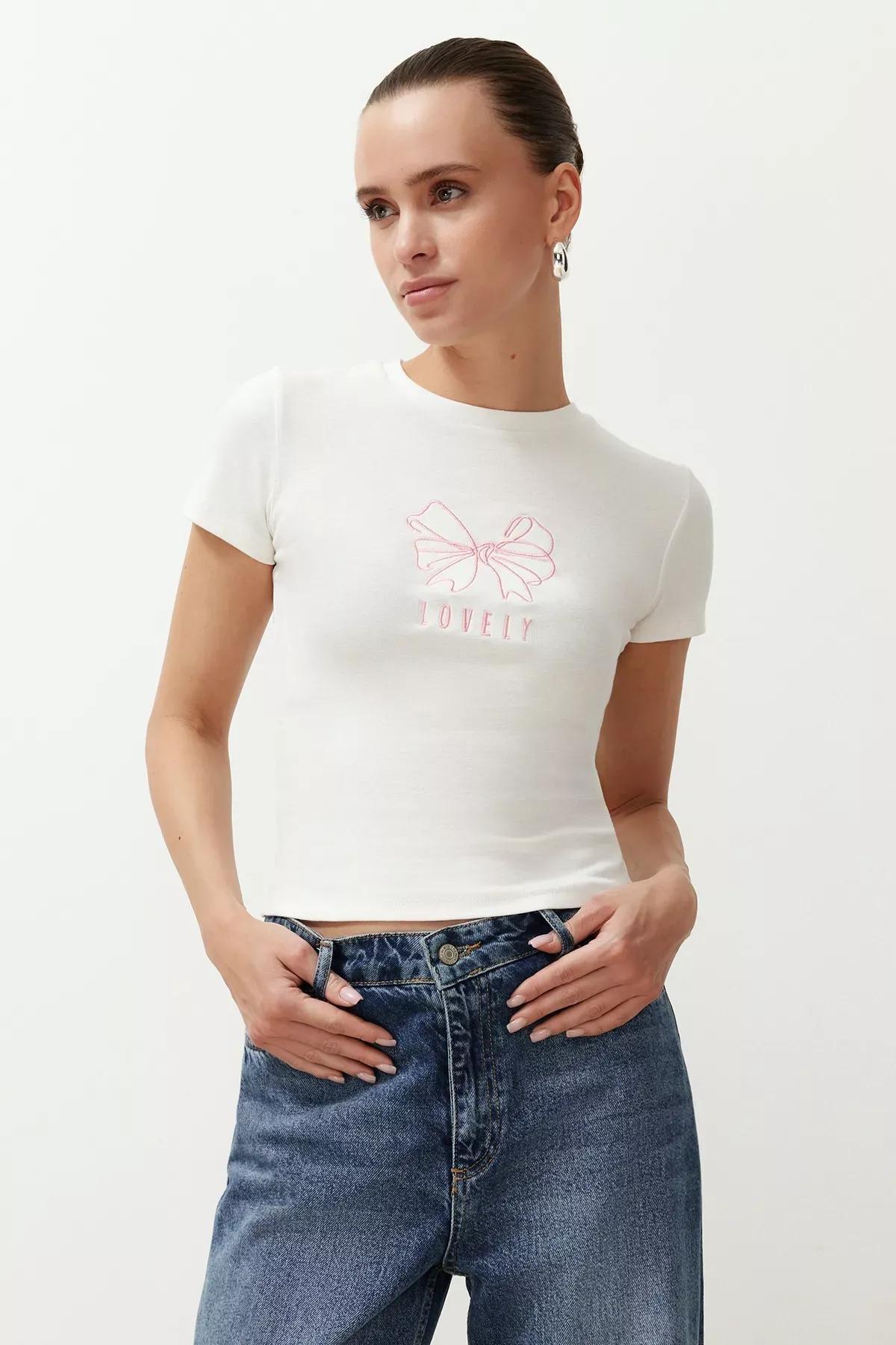 Ecru Ribbon Embroidered T-Shirt, Ecru, large image number 0