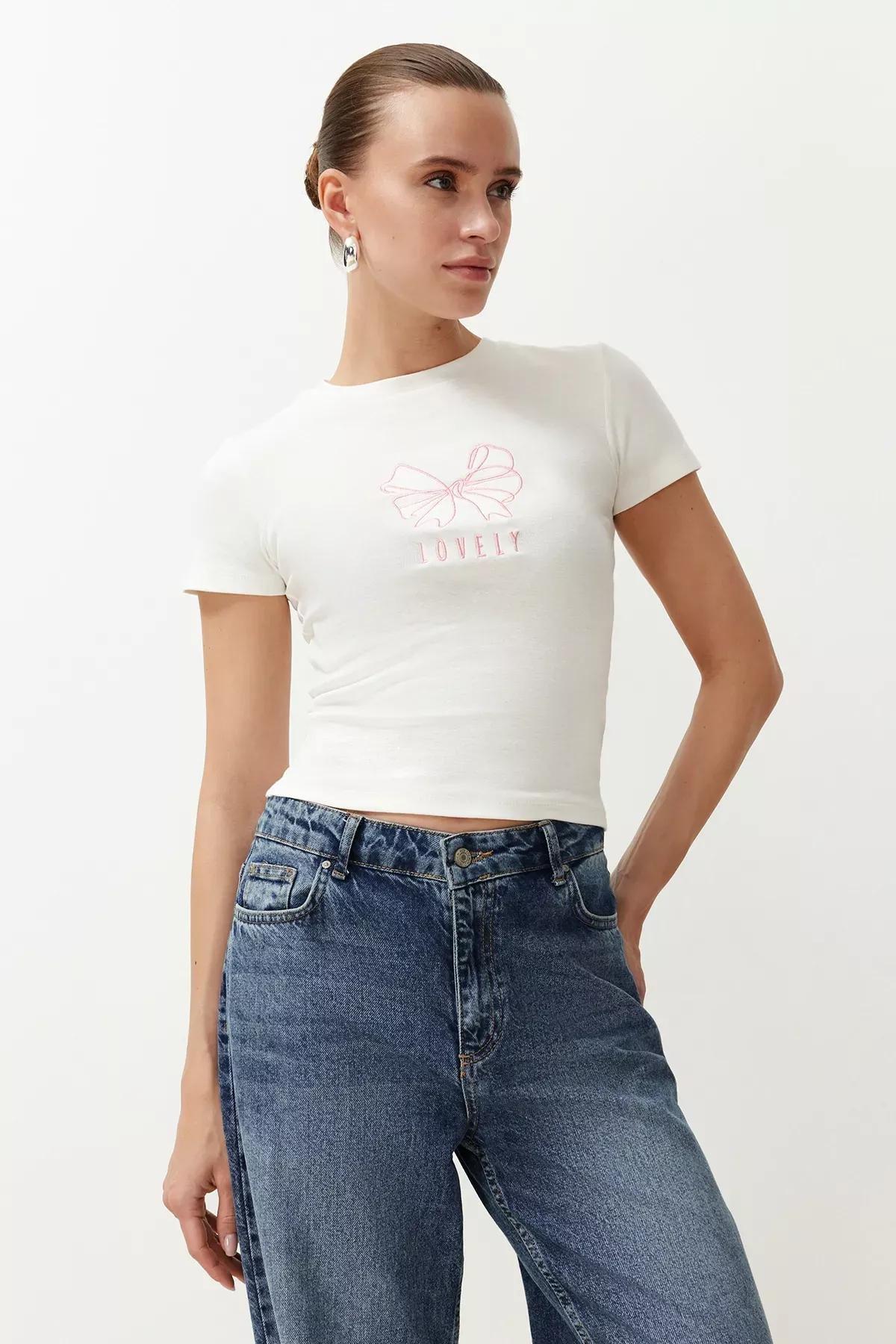 Ecru Ribbon Embroidered T-Shirt, Ecru, large image number 1