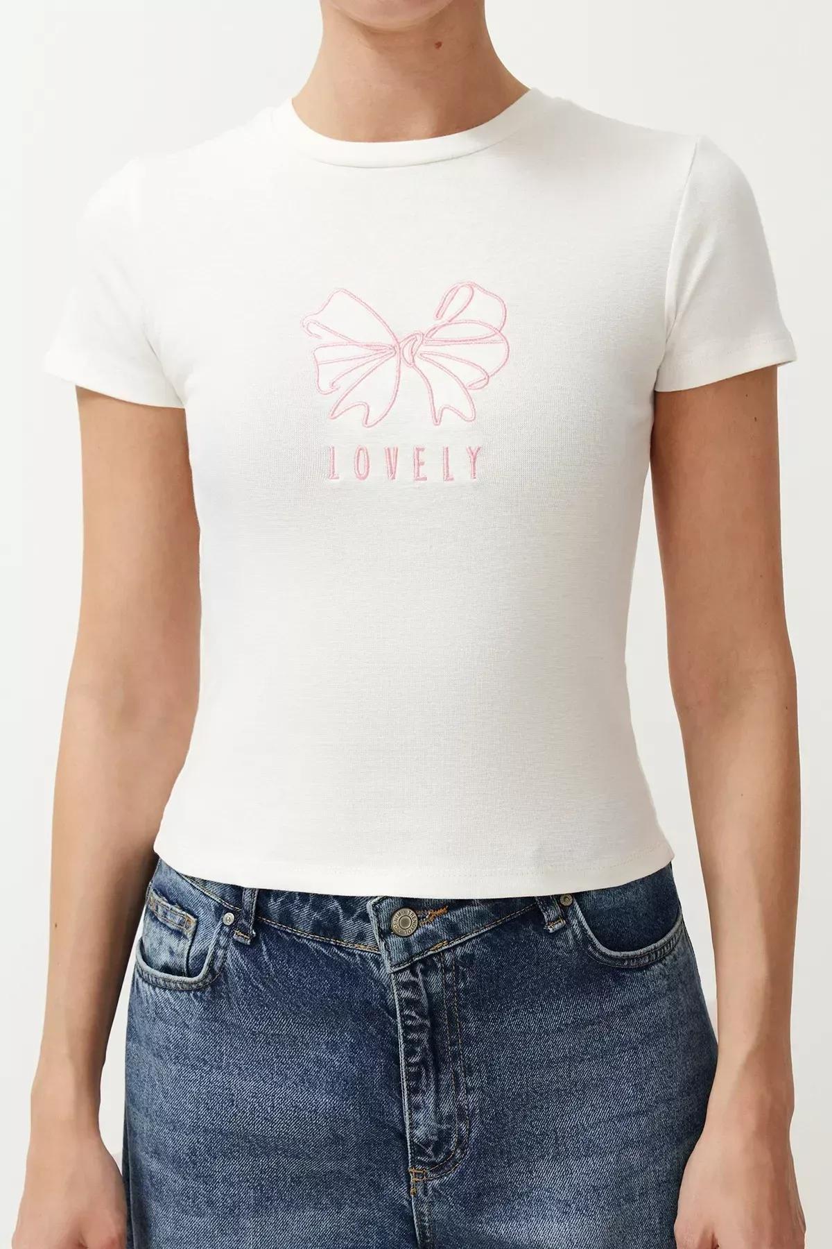 Ecru Ribbon Embroidered T-Shirt, Ecru, large image number 4