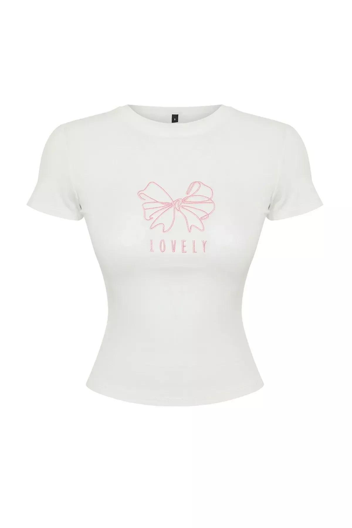 Ecru Ribbon Embroidered T-Shirt, Ecru, large image number 5