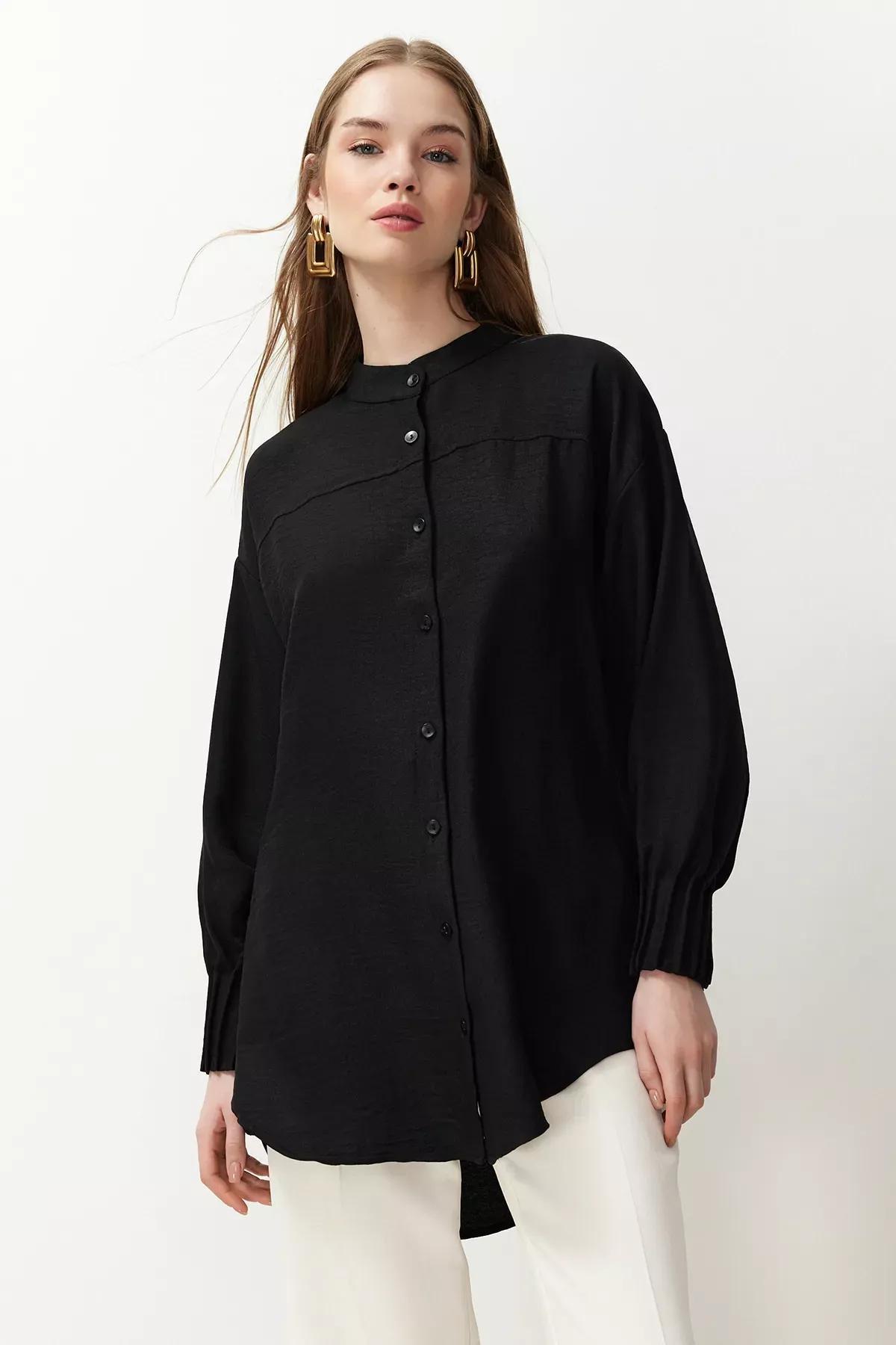 Black Linen Oversize Woven Shirt, C101_5720, large image number 1
