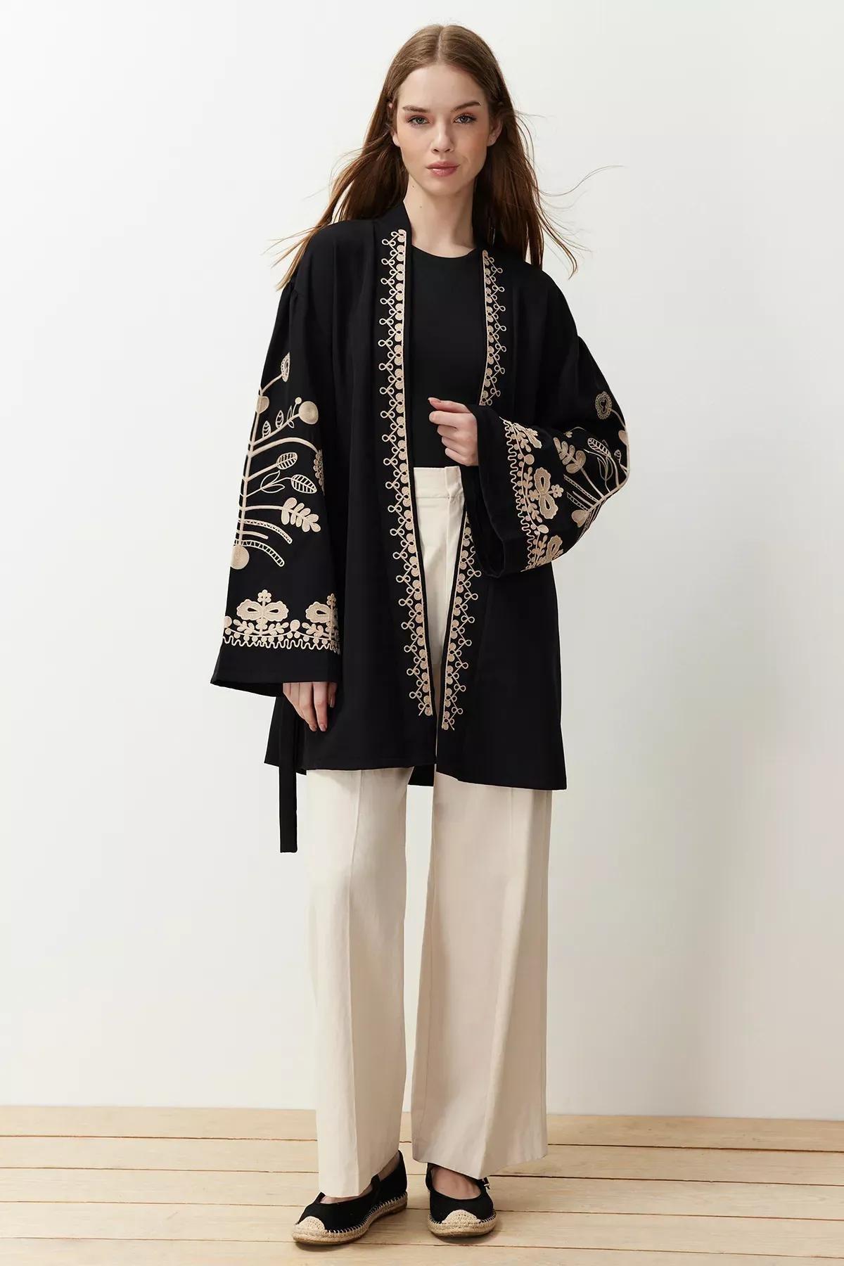 Black Embroidered Cap & Kimono, , large image number 0