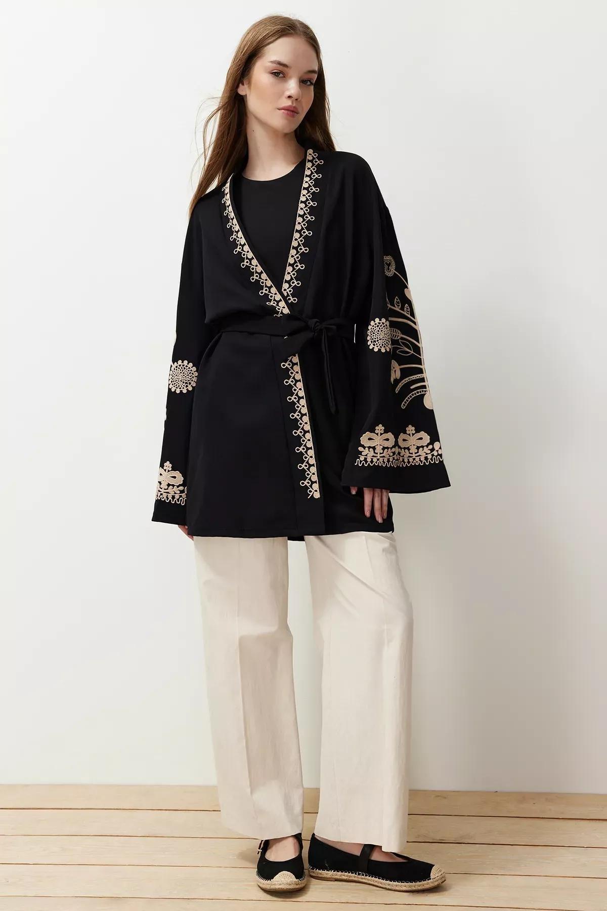 Black Embroidered Cap & Kimono, , large image number 1