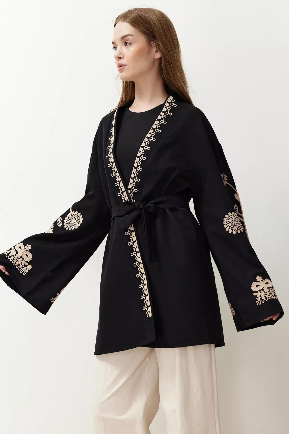 Black Embroidered Cap & Kimono, , large image number 2
