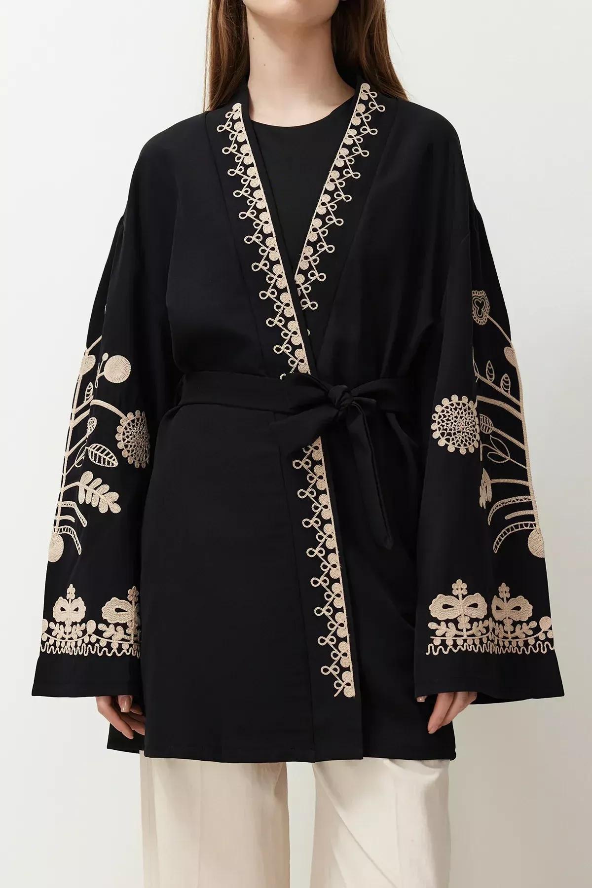 Black Embroidered Cap & Kimono, , large image number 4