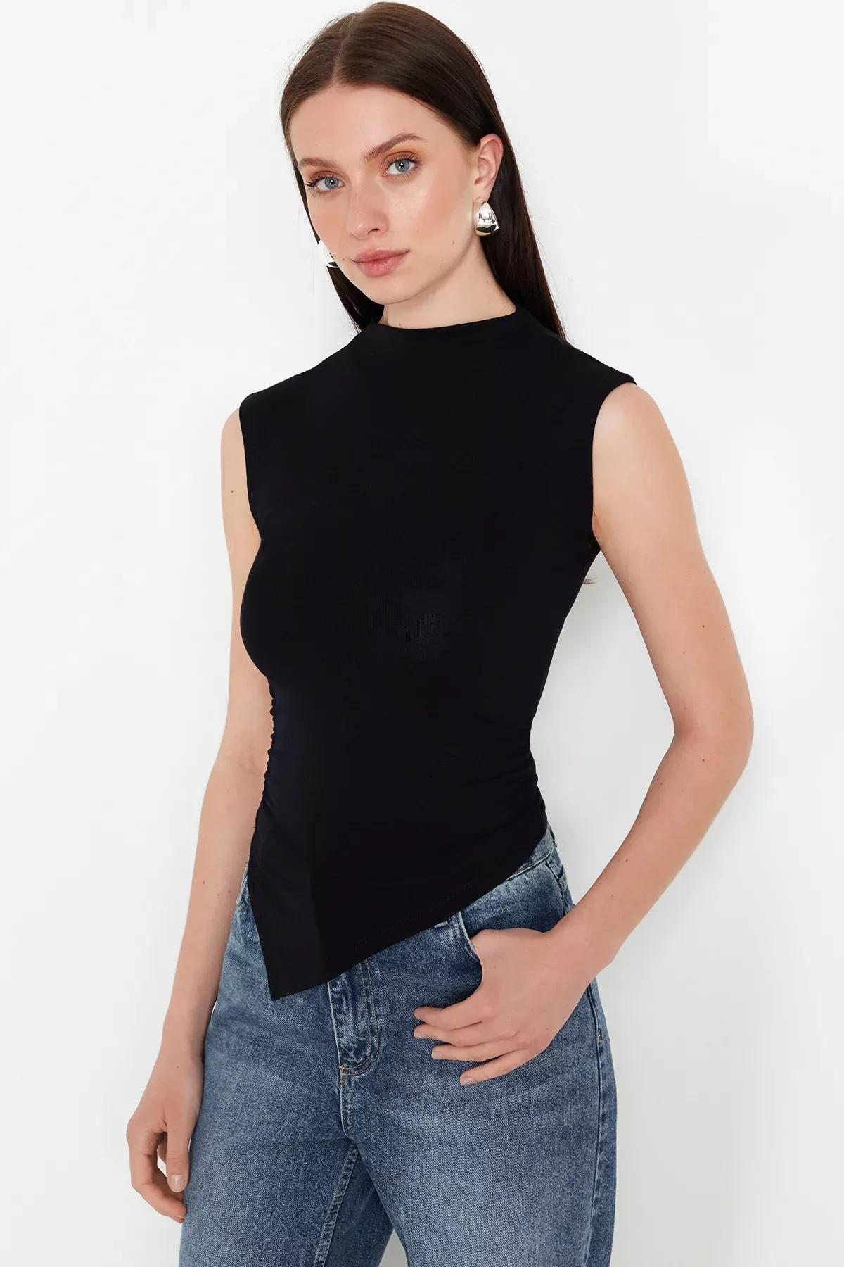 Black Fitted Asymmetrical Knitted Blouse, BLACK, medium