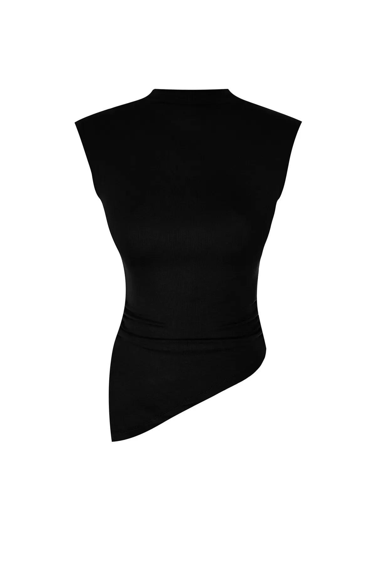 Black Fitted Asymmetrical Knitted Blouse, BLACK, large image number 5