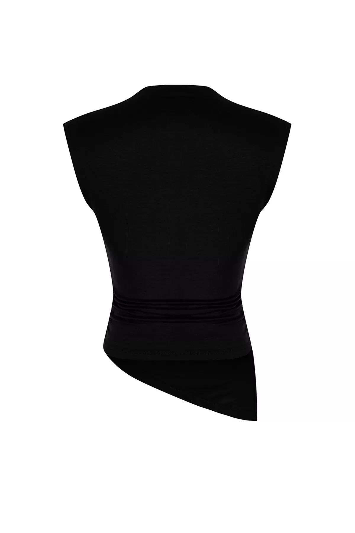 Black Fitted Asymmetrical Knitted Blouse, BLACK, large image number 6