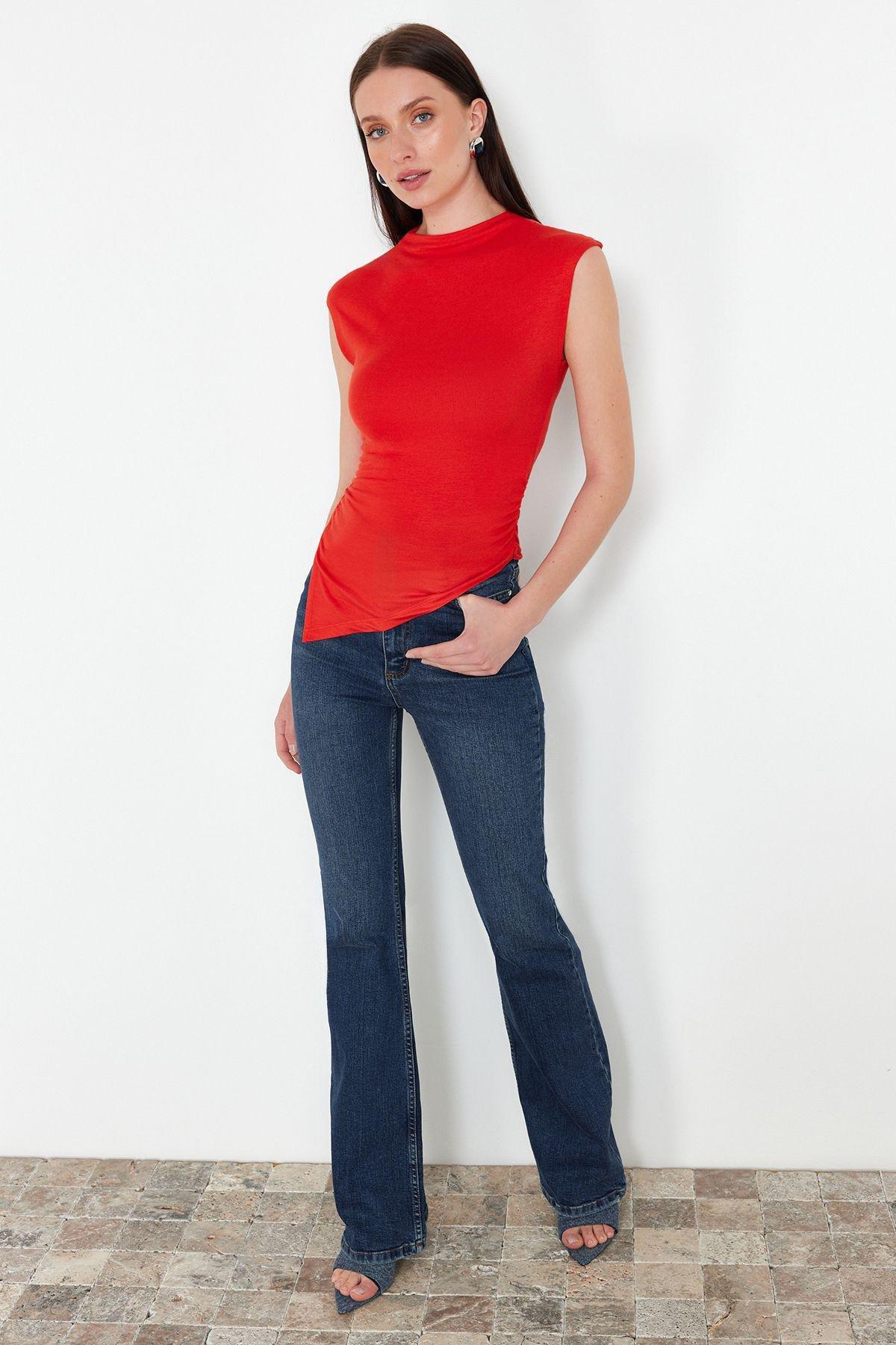 Red Asymmetric Casual Cropped Blouse, , large image number 2
