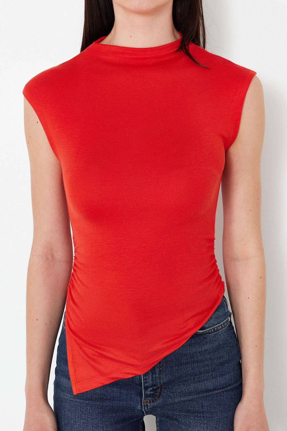 Red Asymmetric Casual Cropped Blouse, , large image number 4